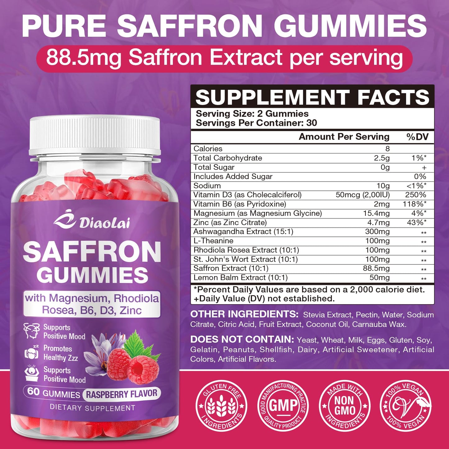 DIAOLAI Max Strength Saffron Gummies 88.5mg with Magnesium, St. John's Wort & Rhodiola for Mood Support, Focus - Sugar-Free, 60 Count