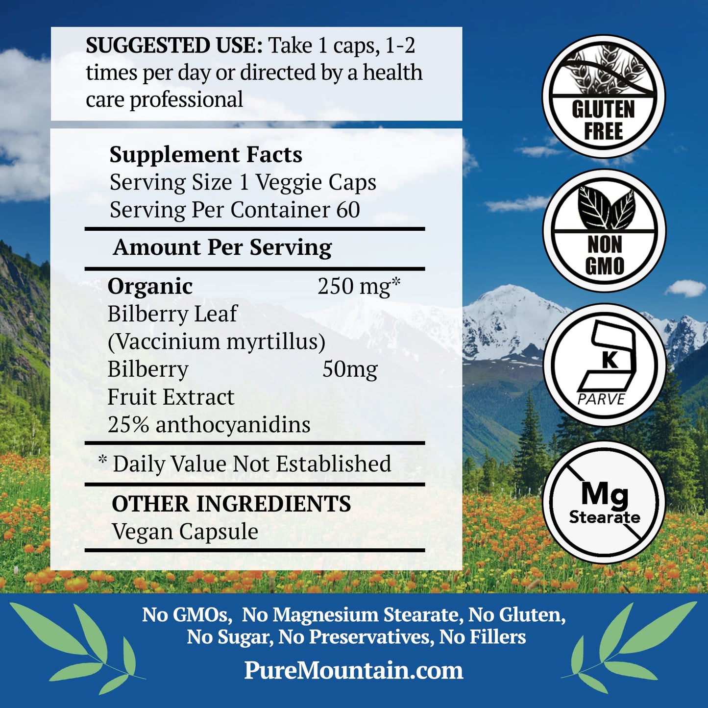 Pure Mountain Botanicals Bilberry Extract Supplement Capsules 60 Count