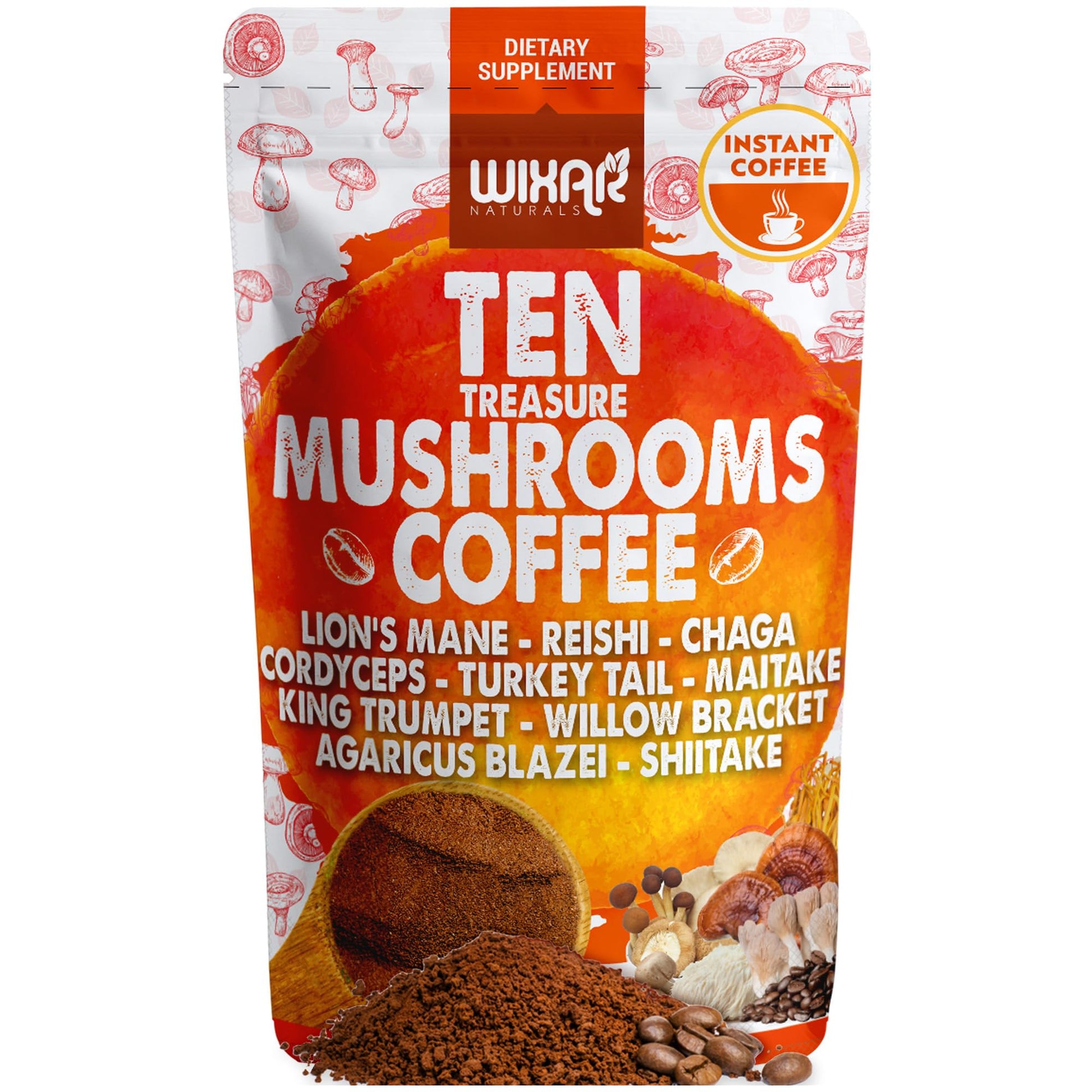 WIXAR NATURALS Mushroom Coffee Blend Powder, Ten Treasure Mushrooms Extract, 5oz