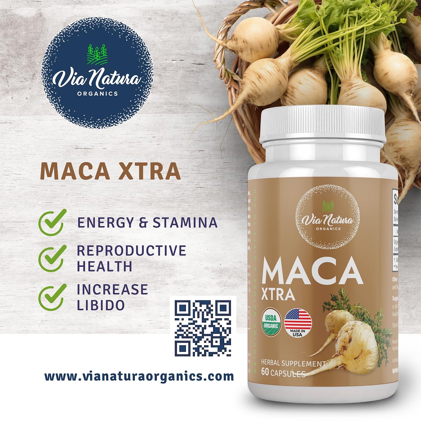 Via Natura Organics Maca Xtra Capsules 1000mg Organic Herbal Supplement Natural Source of Amino Acids Iron & Magnesium, 60 Capsules