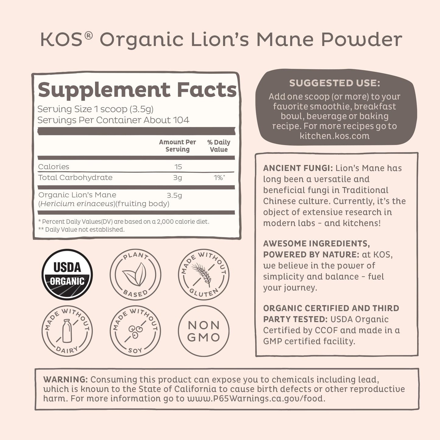 KOS Organic Lion's Mane Powder 12.84 Ounce