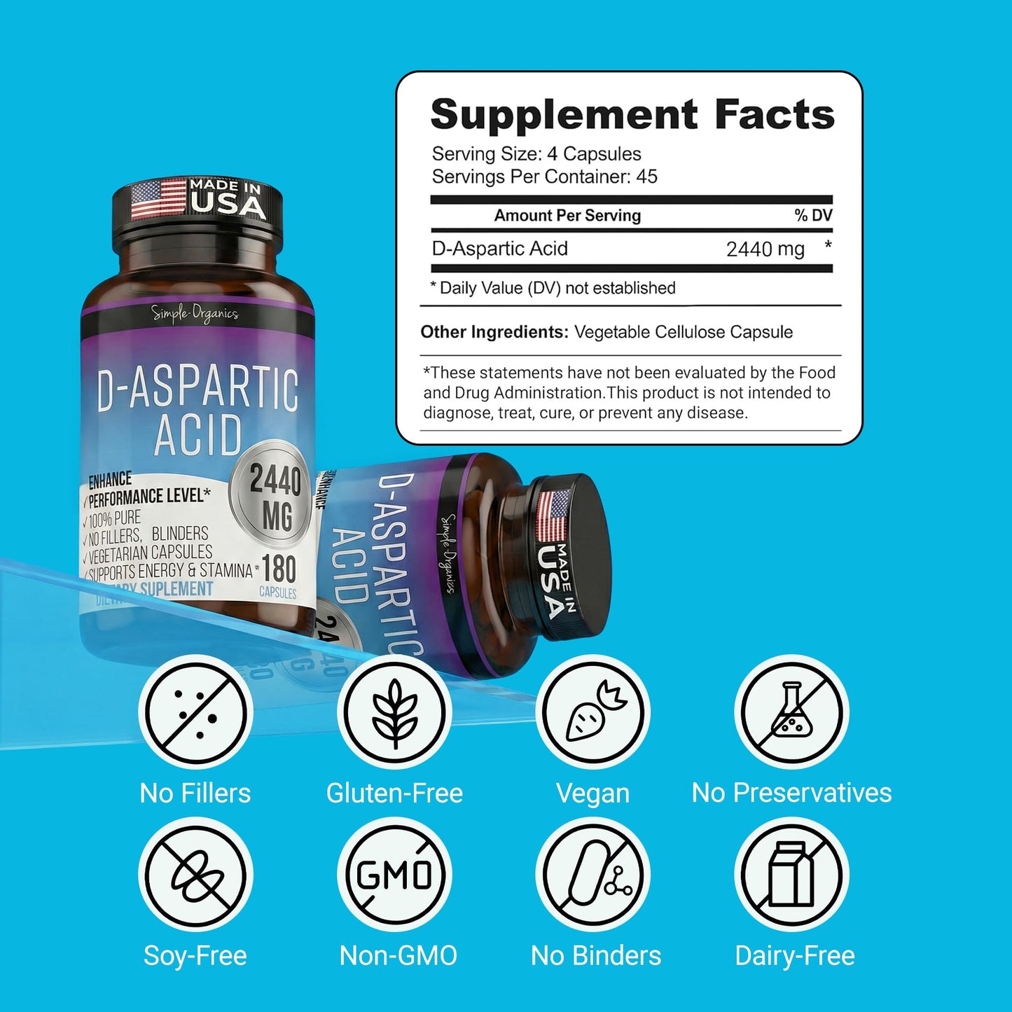 Simple-Organics D-Aspartic Acid Testosterone Support for Men 2440mg Capsule, 180 Count
