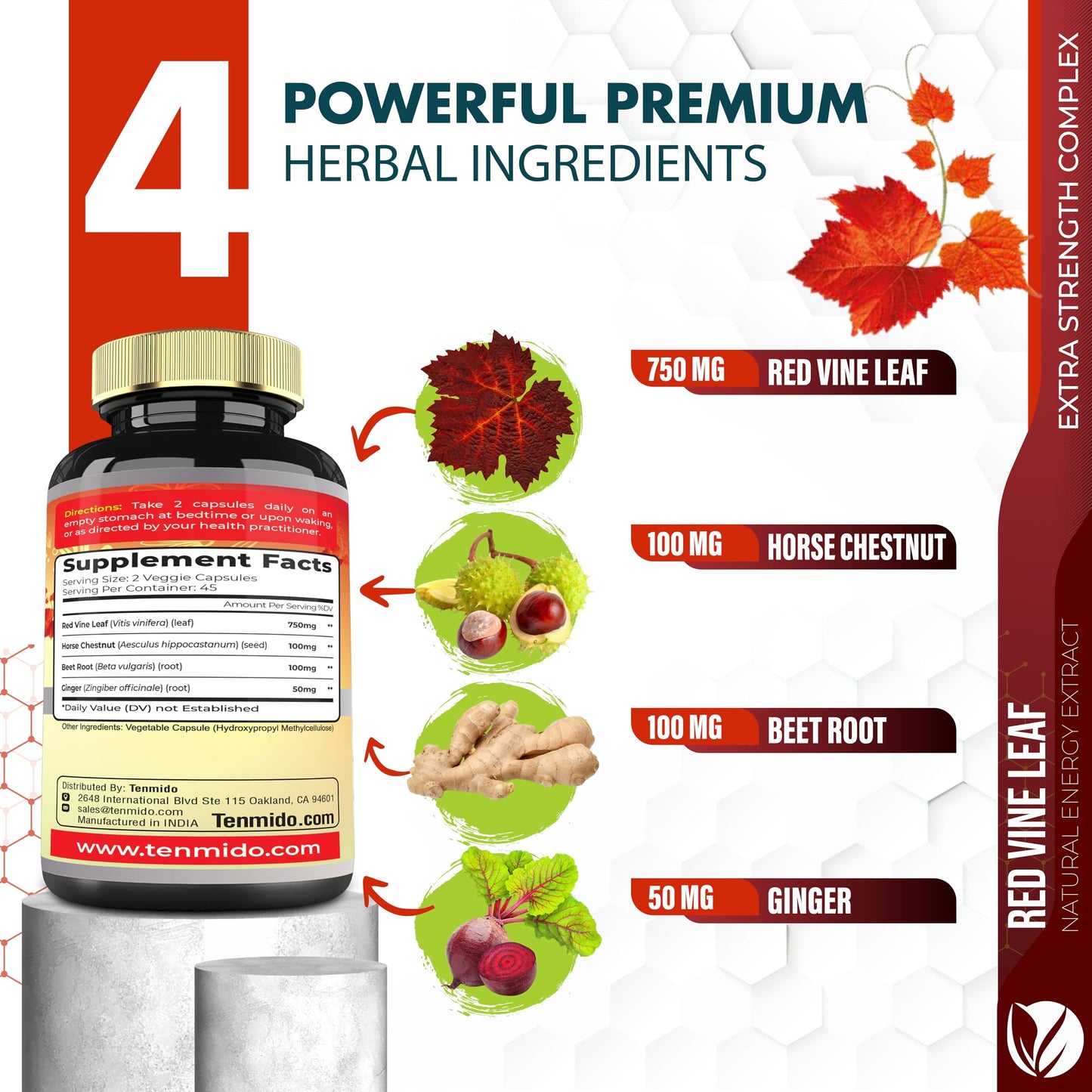 Tenmido Red Vine Leaf Extract Capsules with Horse Chestnut, Beet Root, Ginger, 120 Capsules