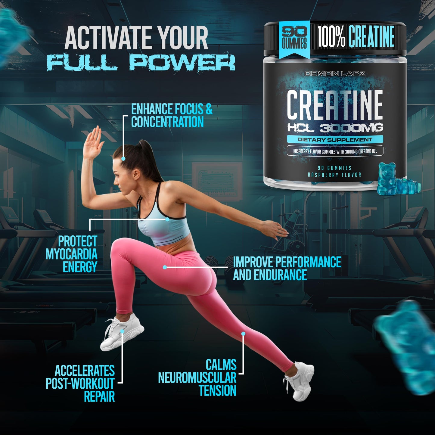Demon Labz Creatine HCl Gummies 3000mg Per Serving, Raspberry Flavor, 90 Gummies