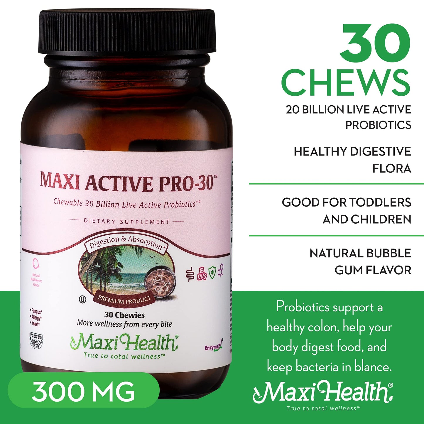 Maxi Health Maxi Active Pro-30 Chewables Probiotics for Kids, 30 Count
