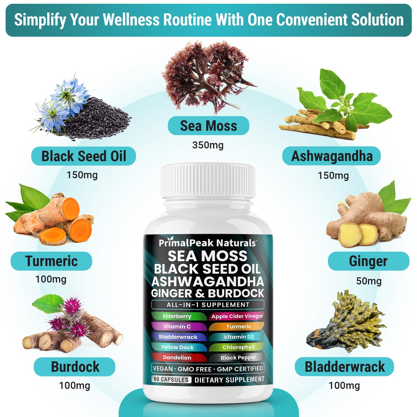 PrimalPeak Naturals Sea Moss Black Seed Oil Ashwagandha Ginger Burdock Bladderwrack Turmeric & Vitamin C Vitamin D3 with ACV Elderberry Chlorophyll Dandelion Yellow Dock Vegan Capsules - 60 Count