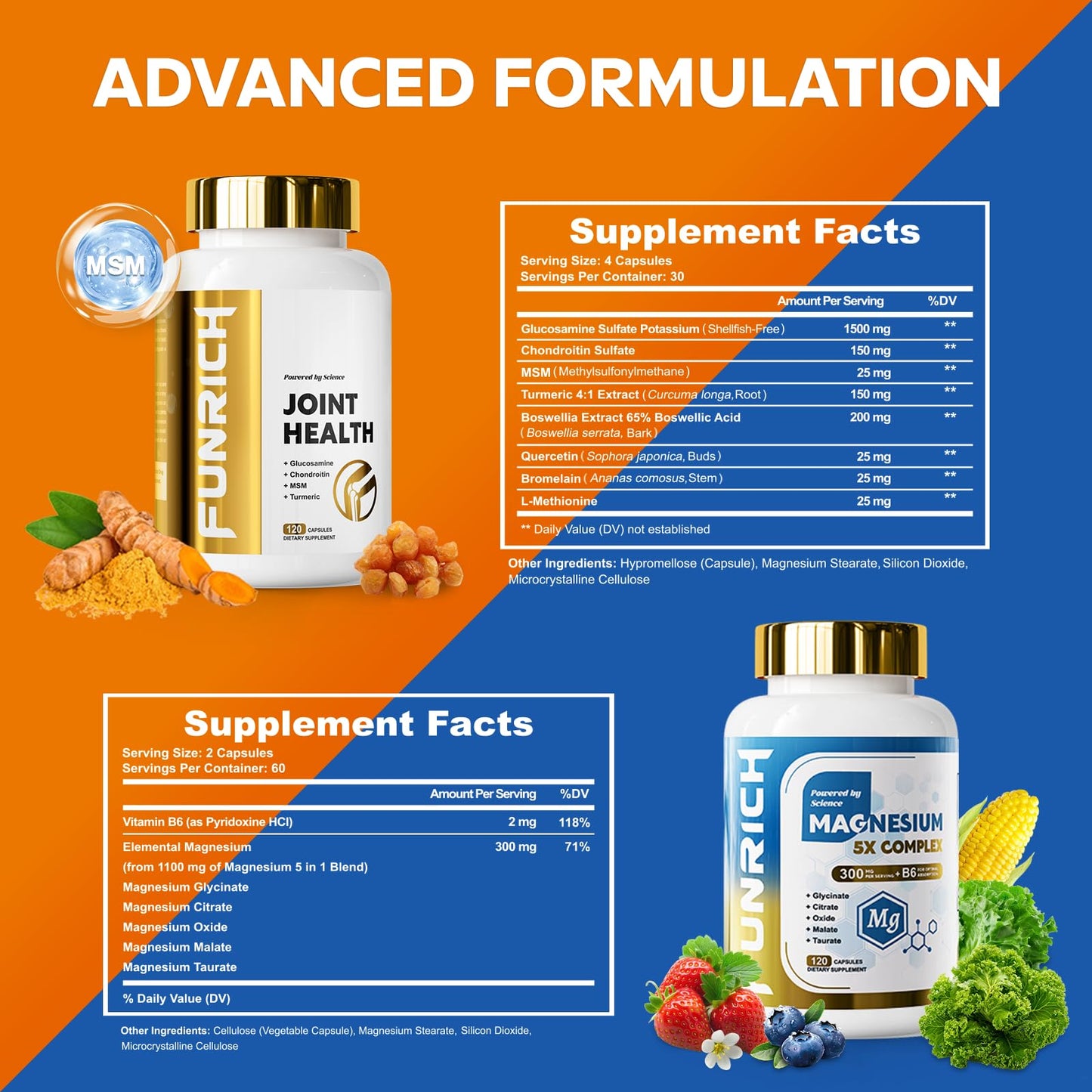 FUNRICH Glucosamine Chondroitin MSM & Magnesium Complex Supplement Set Capsules 240 Count