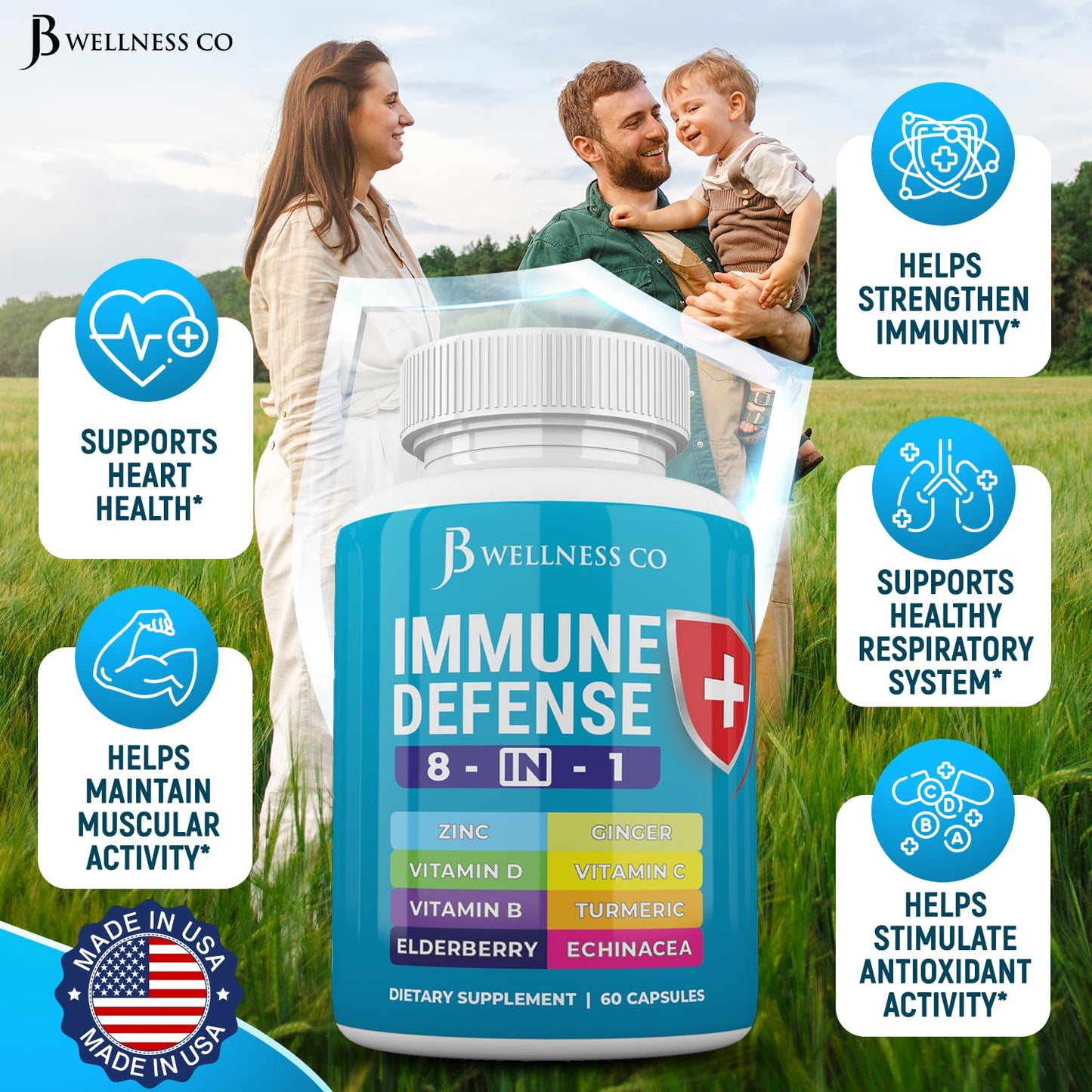JB Wellness Co Immune Support 8 in 1 Capsules, 180 Count