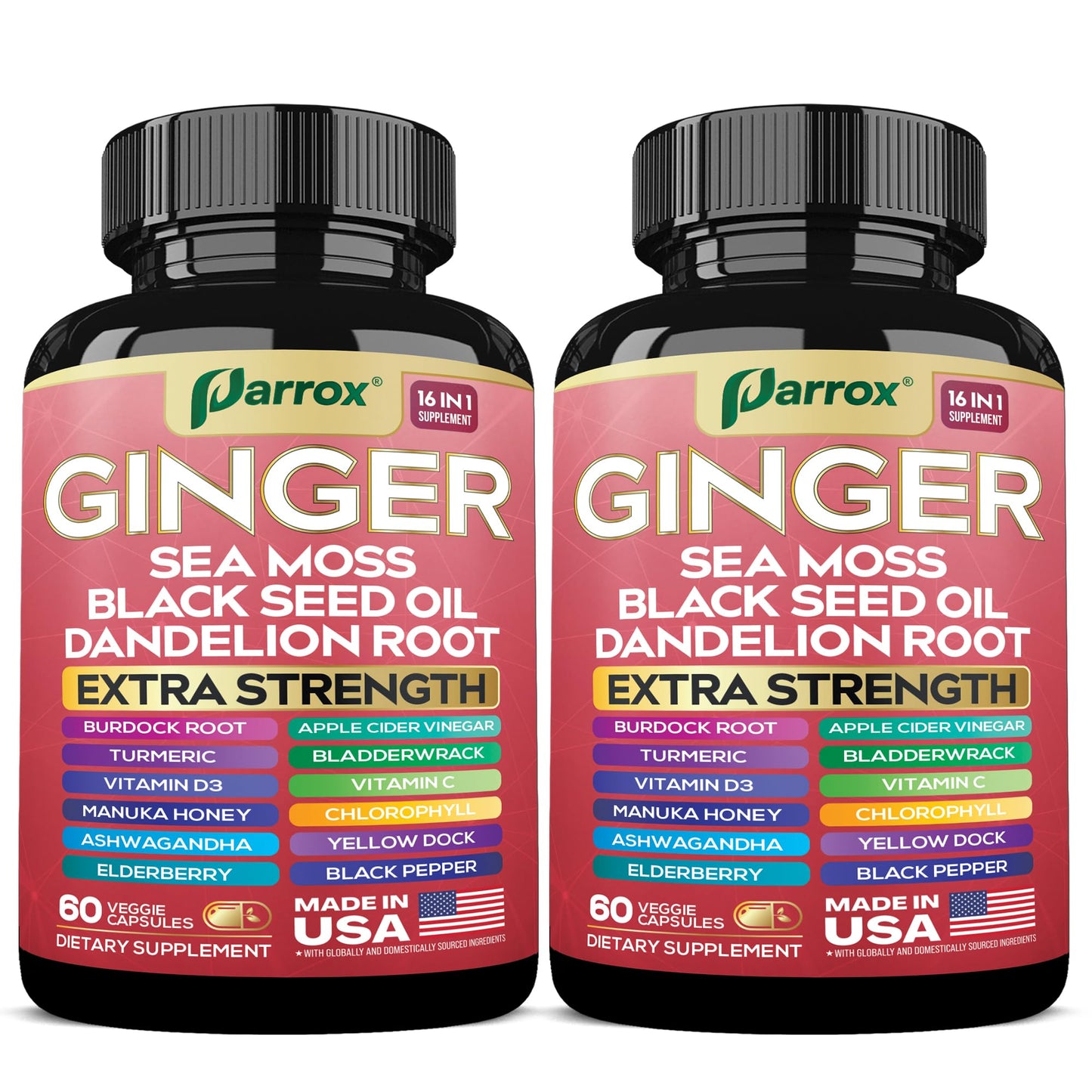 Parrox Ginger Sea Moss Herbal Supplement 16-in-1 Black Seed Oil & ACV Capsules 120