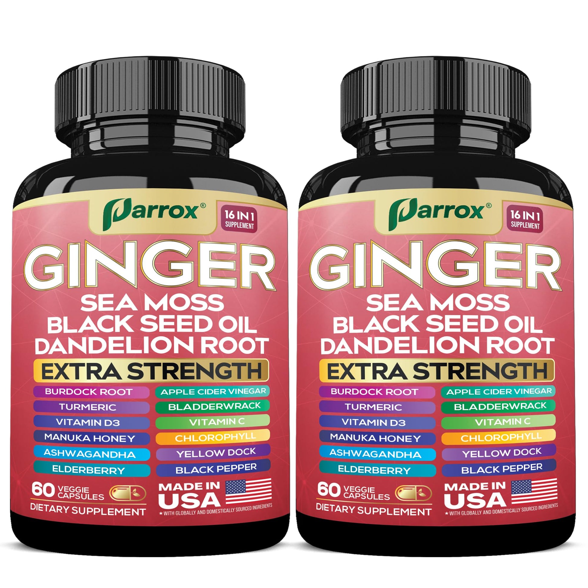 Parrox Ginger Sea Moss Herbal Supplement 16-in-1 Black Seed Oil & ACV Capsules 120