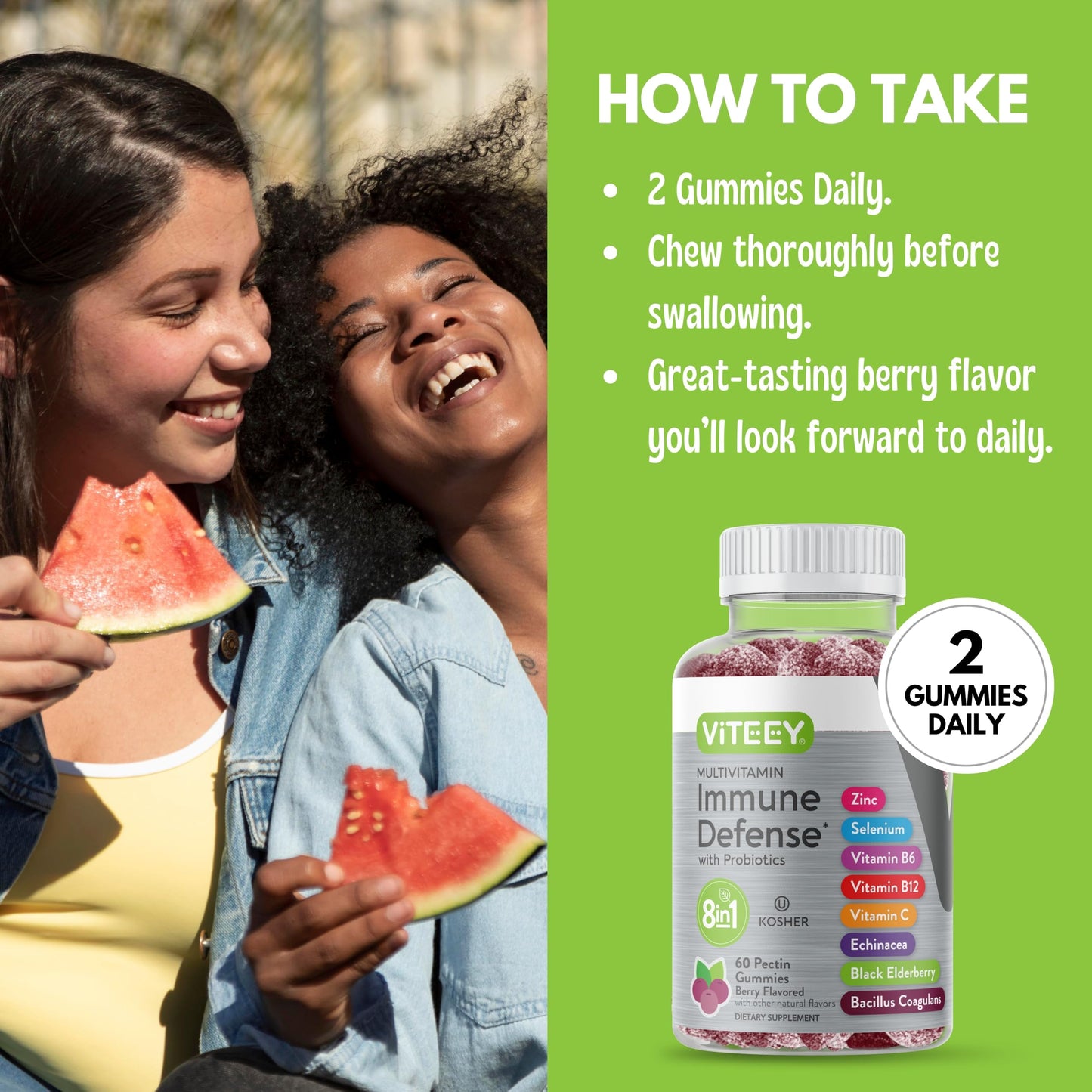 Viteey Multivitamin Gummies 8-in-1 Immune Support with Probiotics, 60 Gummies