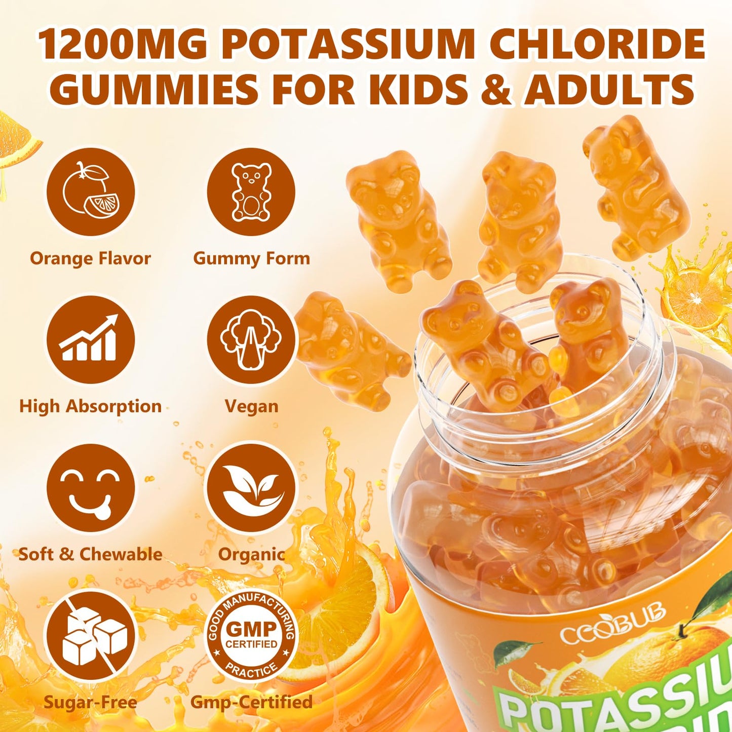 CCOBUB Potassium Gummies for Adults, 1200mg Potassium Chloride Gummies, 120 Count