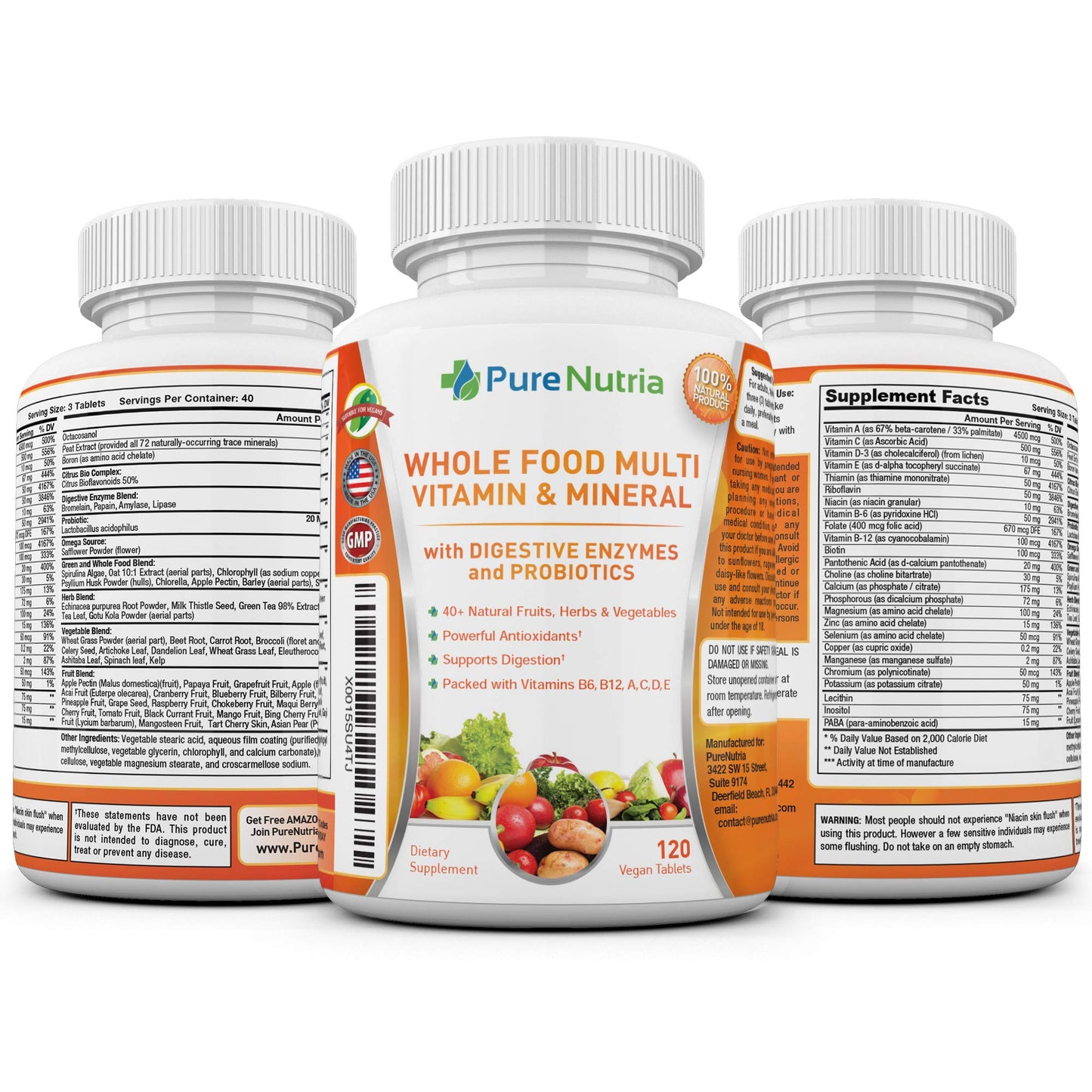 PureNutria Whole Food Multivitamin and Minerals with Probiotic Enzymes 120 Caplets