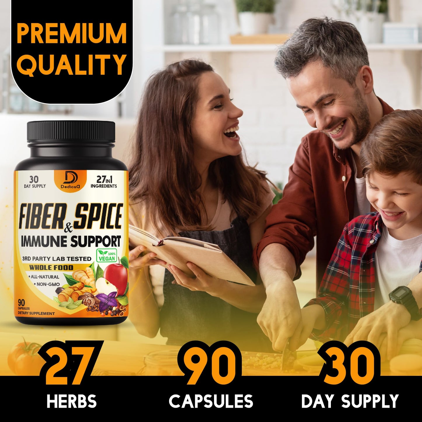 DEDICAD 27in1 Fiber and Spice Supplement - Combined with Organic Psyllium, Whole Apple, Elderberry & More - Support Mood, Body & Immunity 90 Capsules