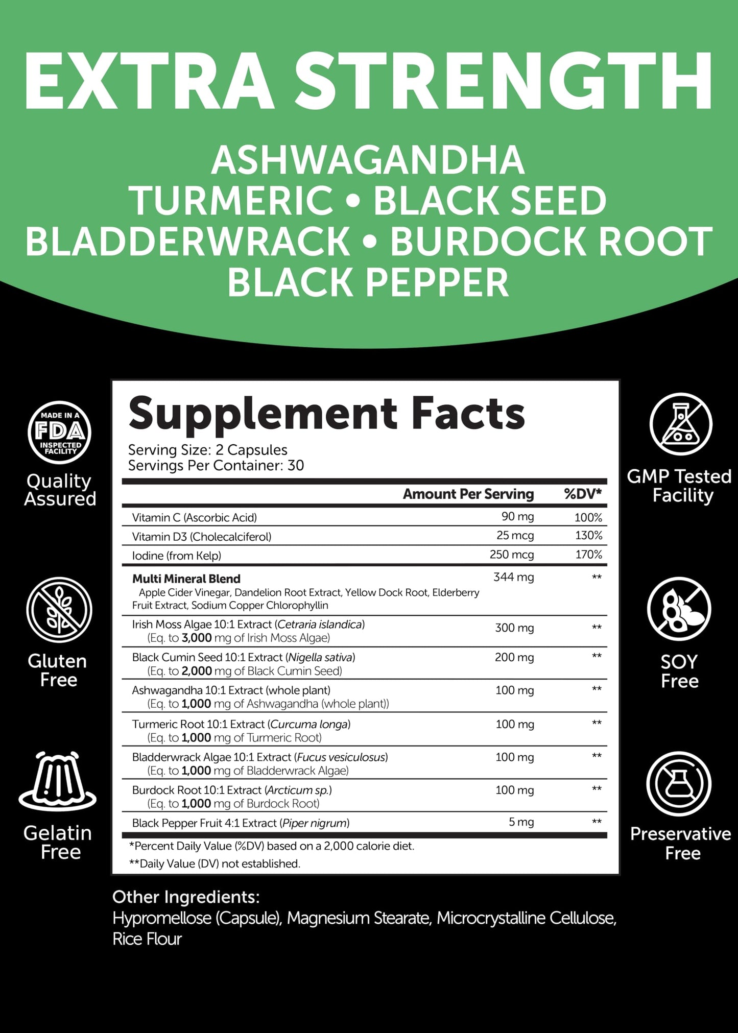 Lunakai Irish Sea Moss Capsules with Black Seed Oil, Ashwagandha, Burdock Root & Bladderwrack, 60 Capsules