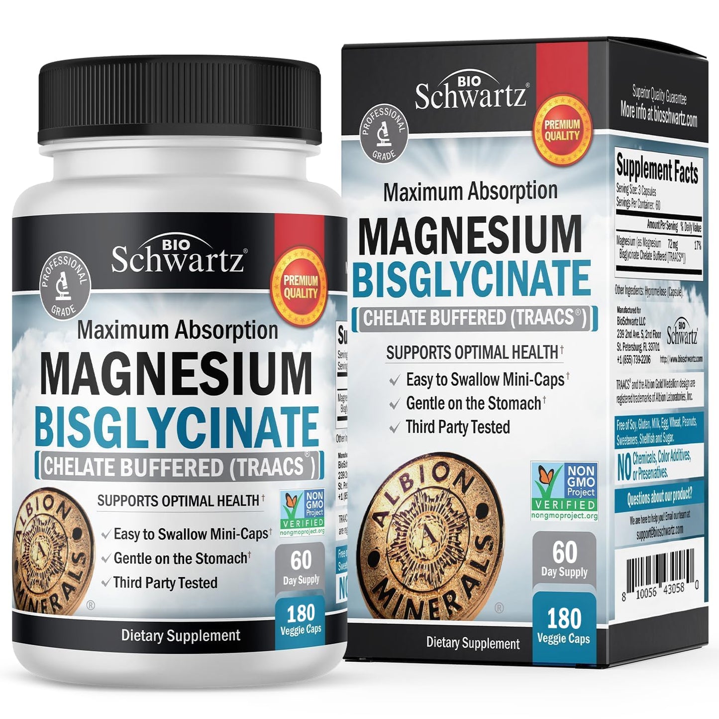 BioSchwartz Magnesium Bisglycinate Chelated Supplement Capsules 180 Count