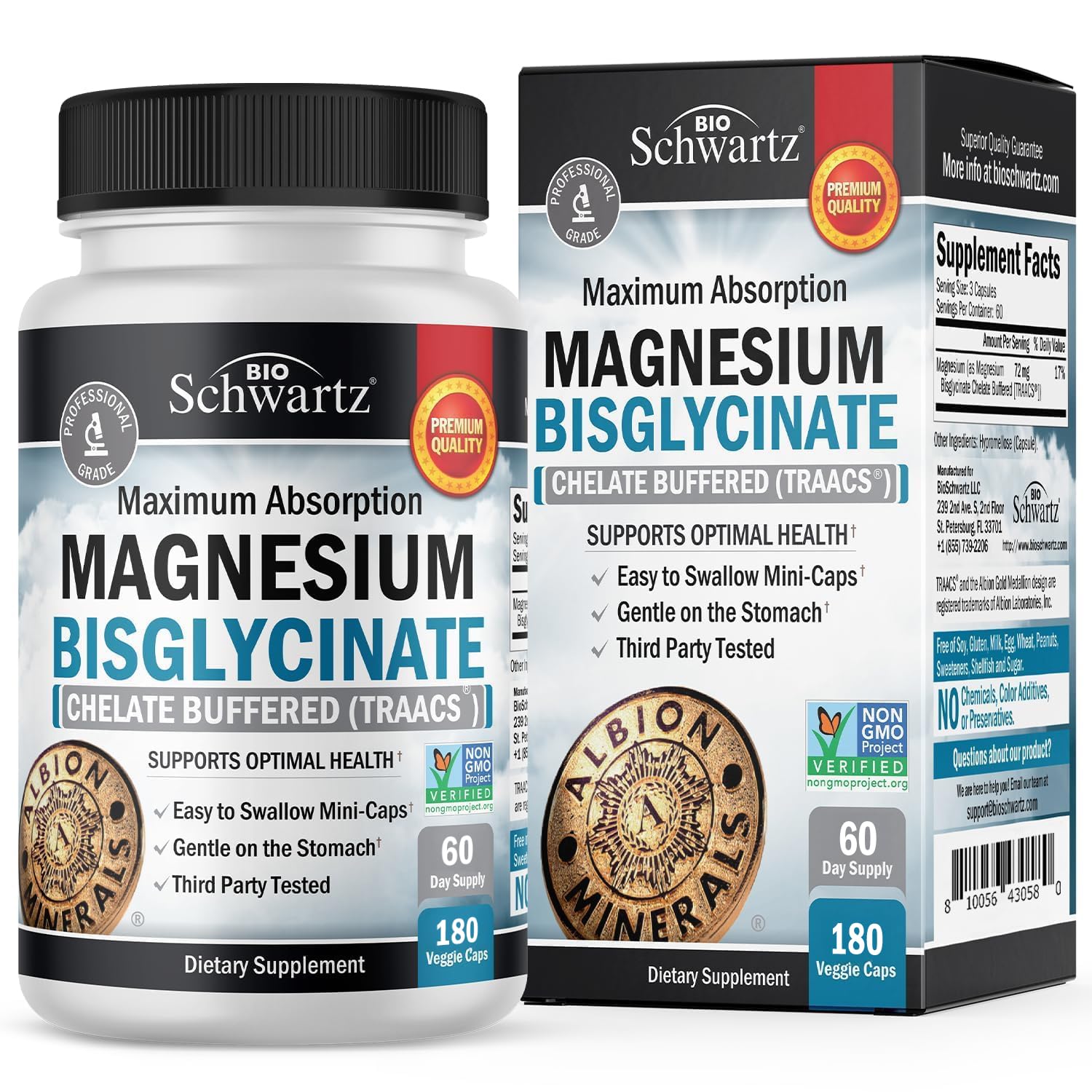 BioSchwartz Magnesium Bisglycinate Chelated Supplement Capsules 180 Count