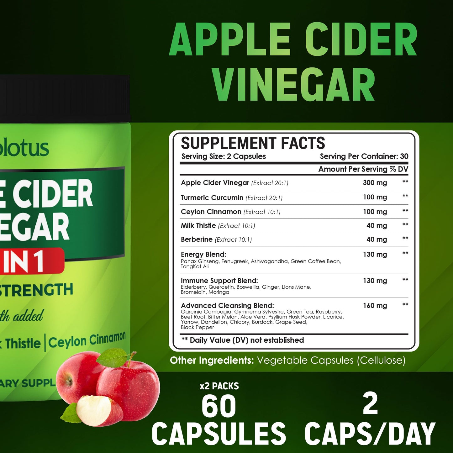 Zolotus Apple Cider Vinegar Capsules 32in1 with Turmeric, Cinnamon, Milk Thistle, Berberine, Elderberry, Quercetin, 120 Capsules