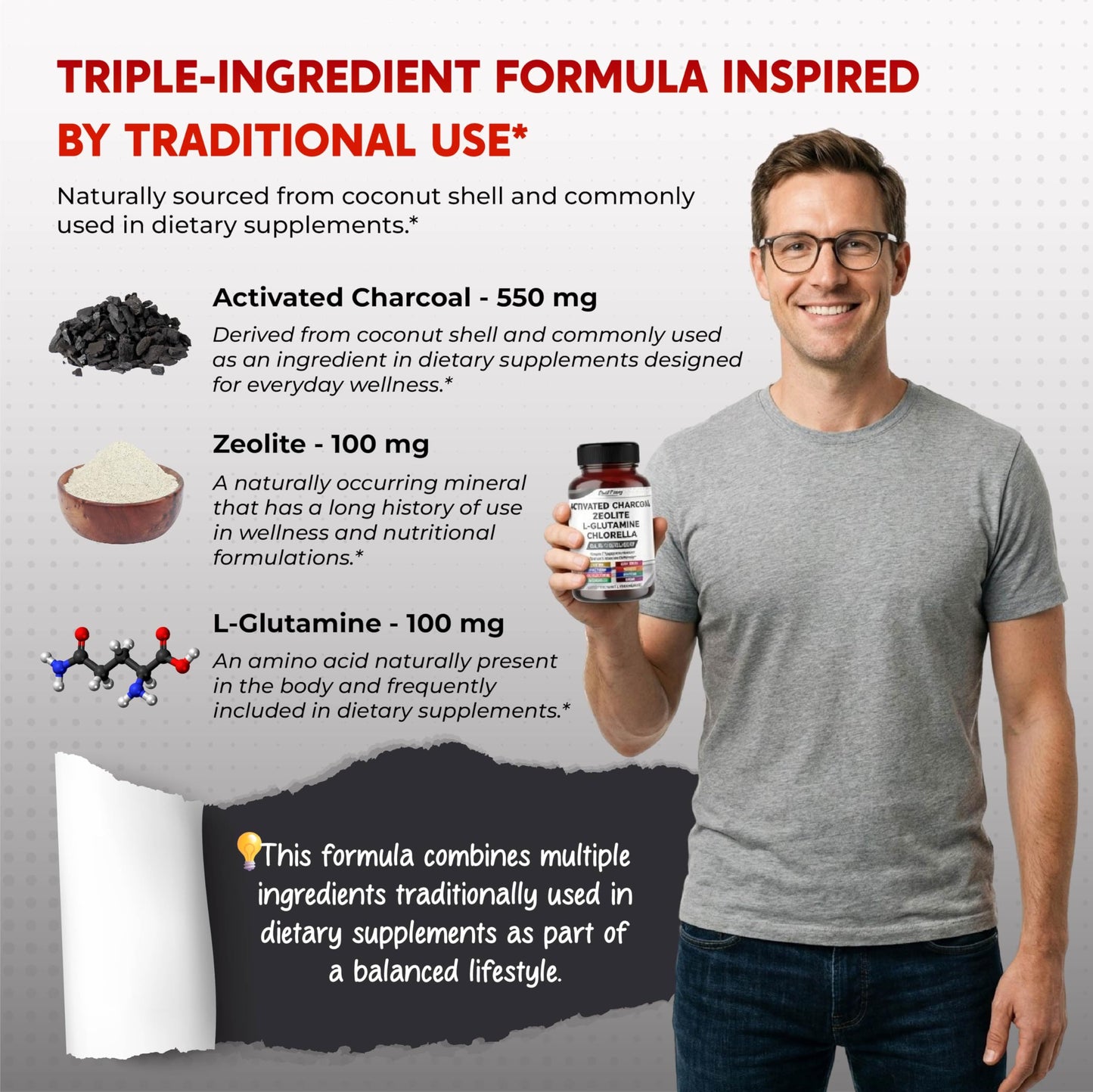 PEAKPURY Premium All-in-1 Activated Charcoal, Zeolite, L-Glutamine & Chlorella, 150 Capsules