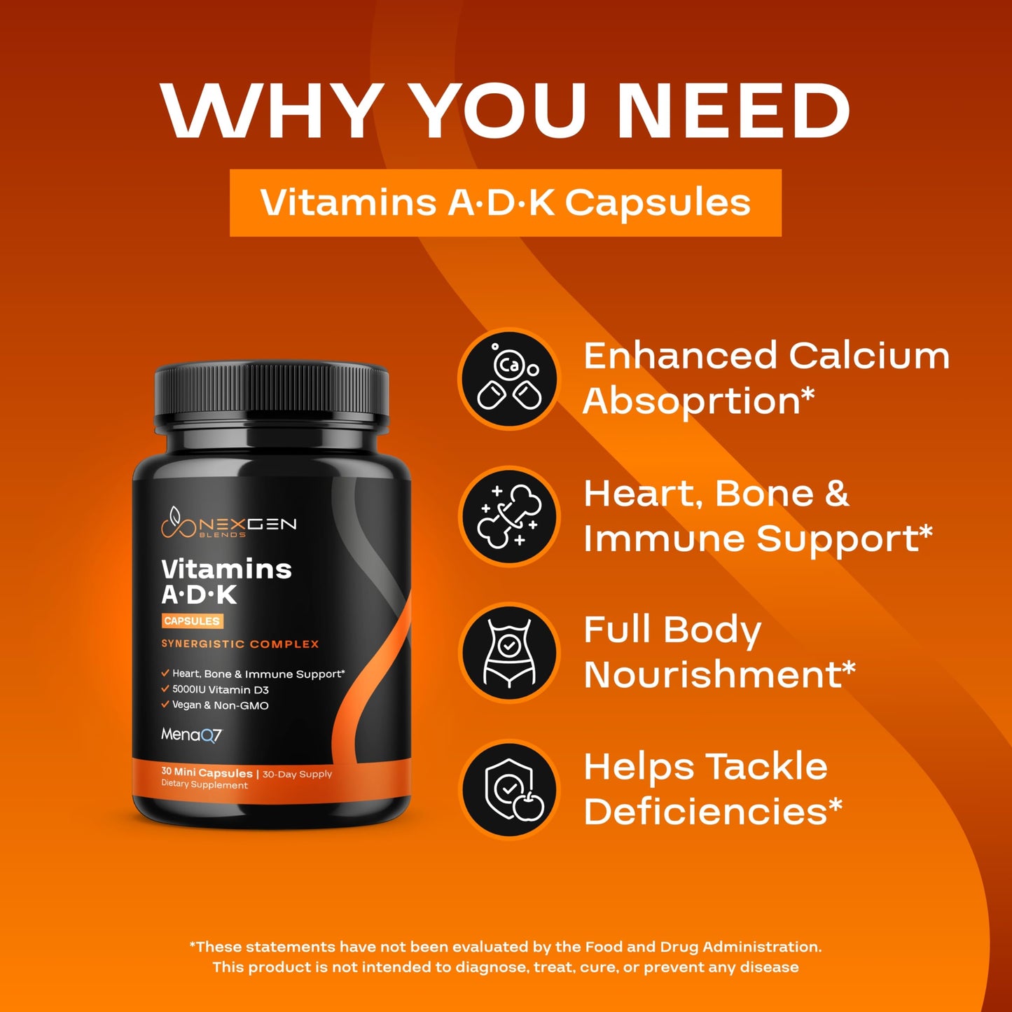 NEXGEN BLENDS High Absorption ADK Vitamin Supplement D3 K2 MK7 & A, Vegan, 60 Capsules