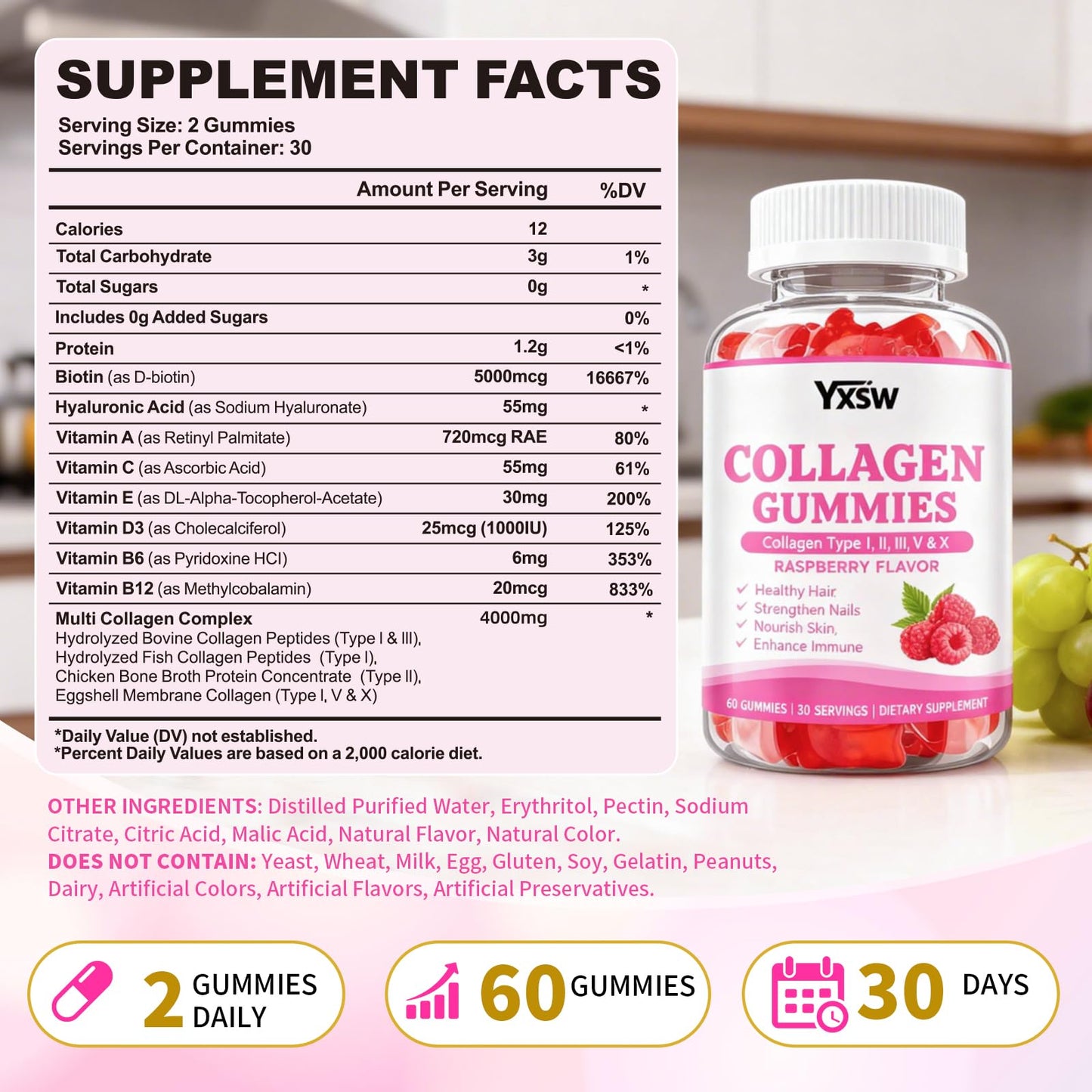 YXSW Collagen Gummies for Women Men, Hydrolyzed Collagen Protein Type I II III V X with Biotin Vitamin C A B D E Hyaluronic Acid for Hair, Skin, Nails, Joint, Immune Support, Raspberry Flavor, 120 Count