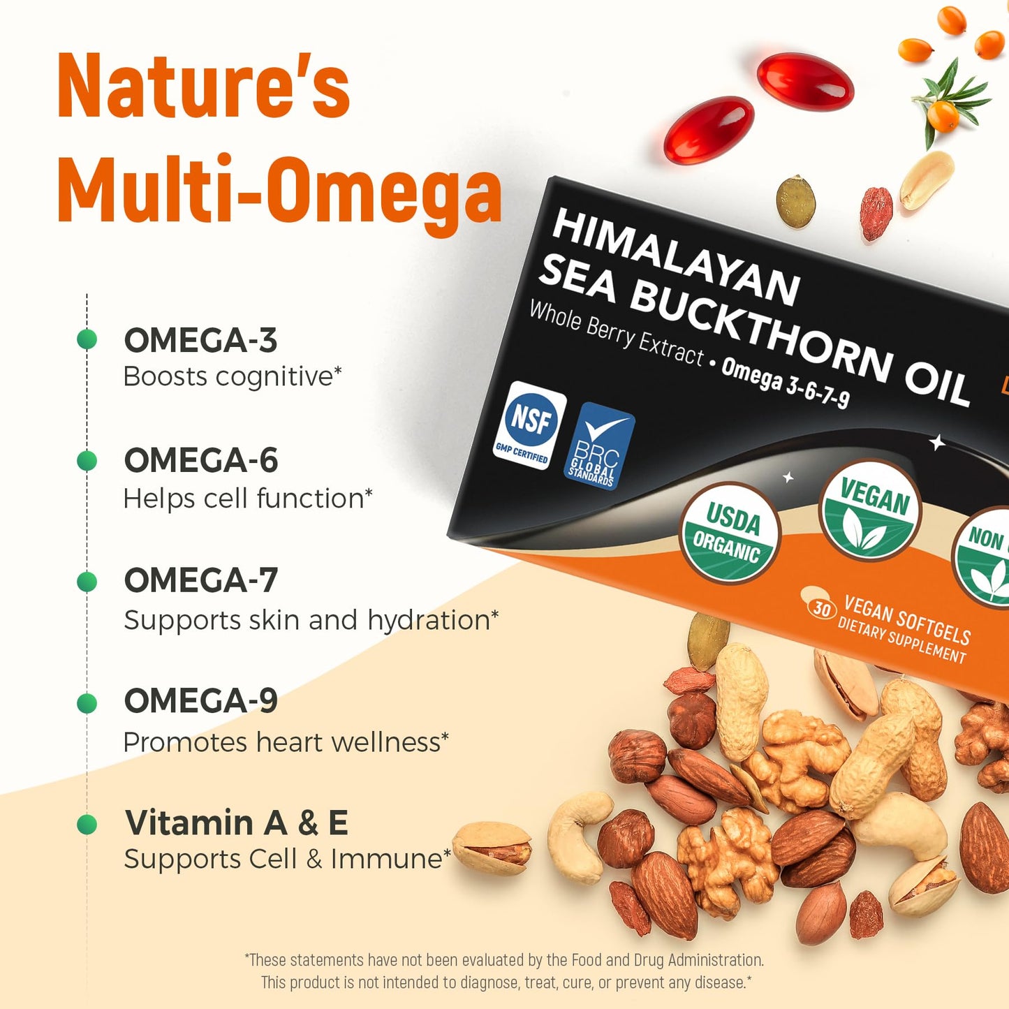 Laicuherb Sea Buckthorn Oil Capsules for Skin, Immune & Hair, 1000mg per Serving, Omega 7-3-6-9, 30 Capsules