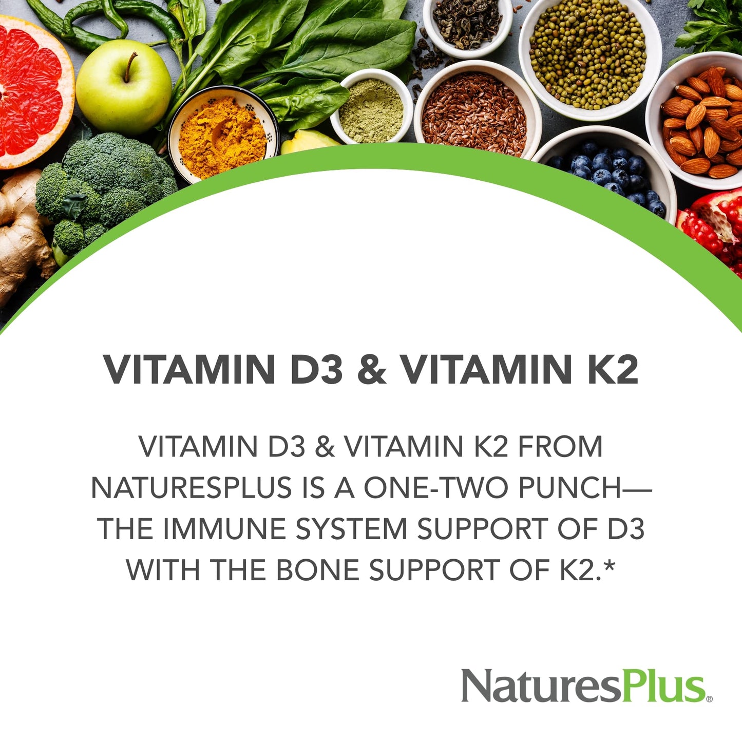 NaturesPlus Vitamin D3 (1000 IU) & K2 (100 mcg) Capsules, 90 Count