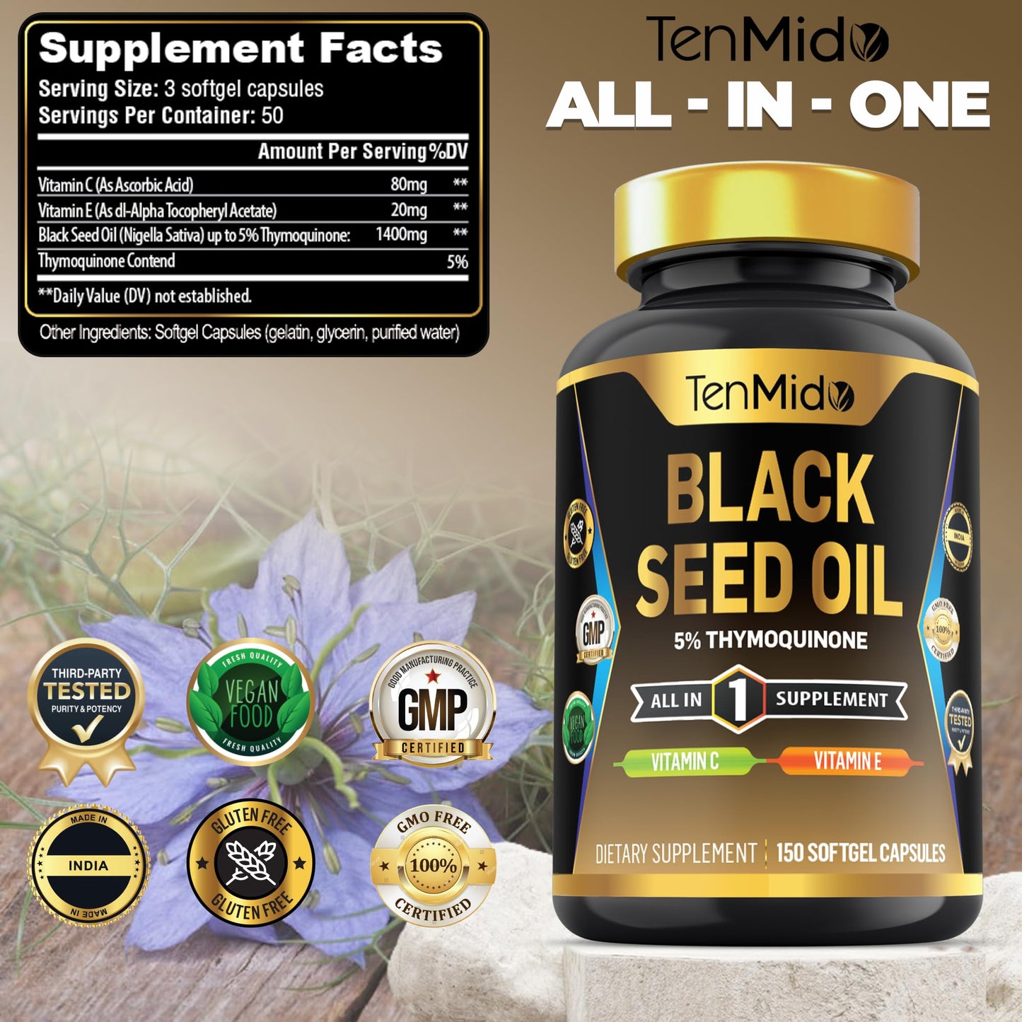 Tenmido Black Seed Oil Softgels 150 Count
