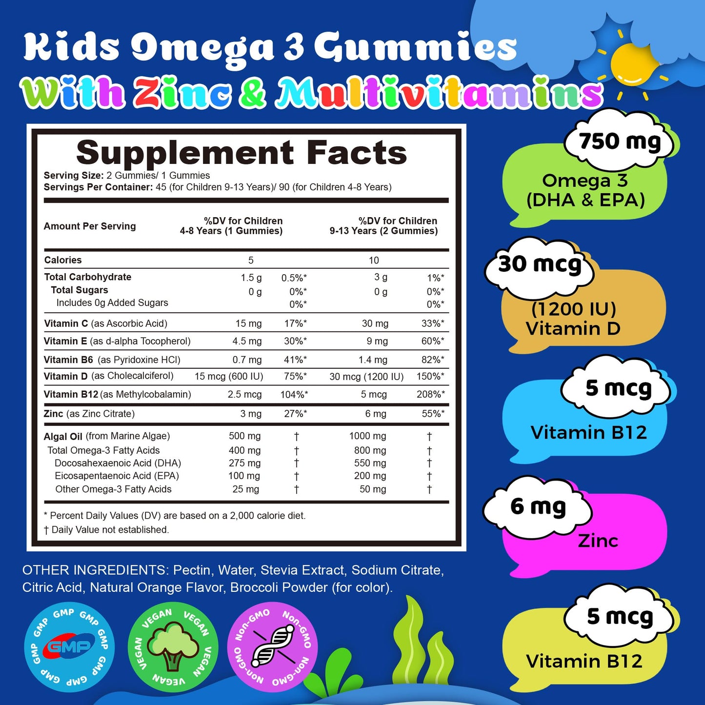 Q'ankyaq Kids Omega 3 Gummies, Vegan Algae Oil Omega-3 with DHA, Zinc & Multivitamins, Focus Support, No Fishy Taste, Sugar Free, 90 Gummies