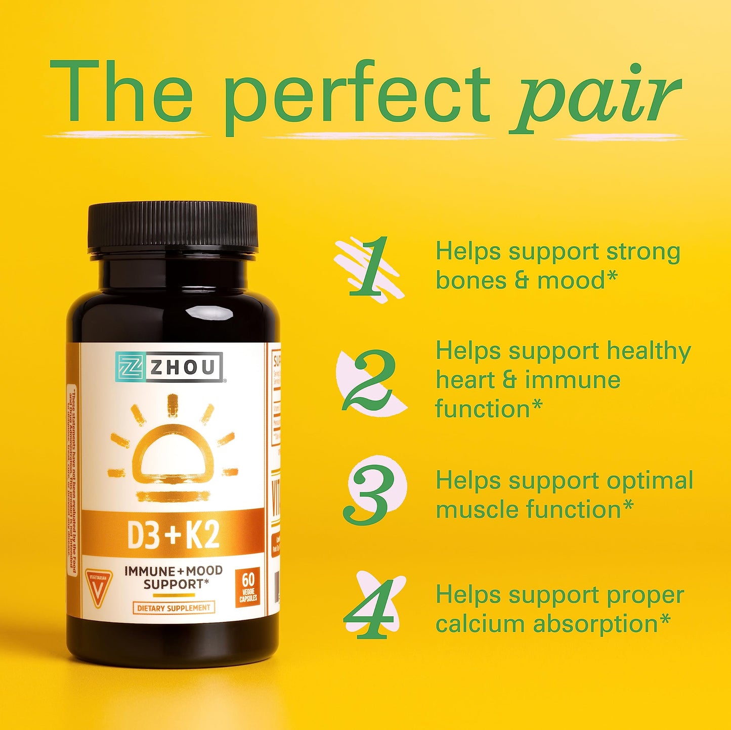 ZHOU D3+K2 Vitamin D3 K2 Capsule, 60 Veggie Capsules