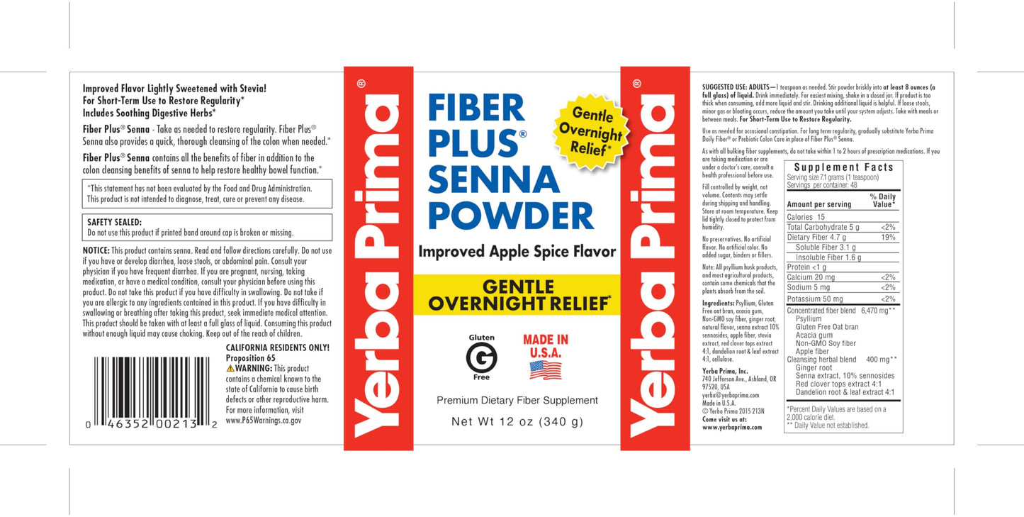 Yerba Prima Fiber Plus Senna Powder, 12 Ounce