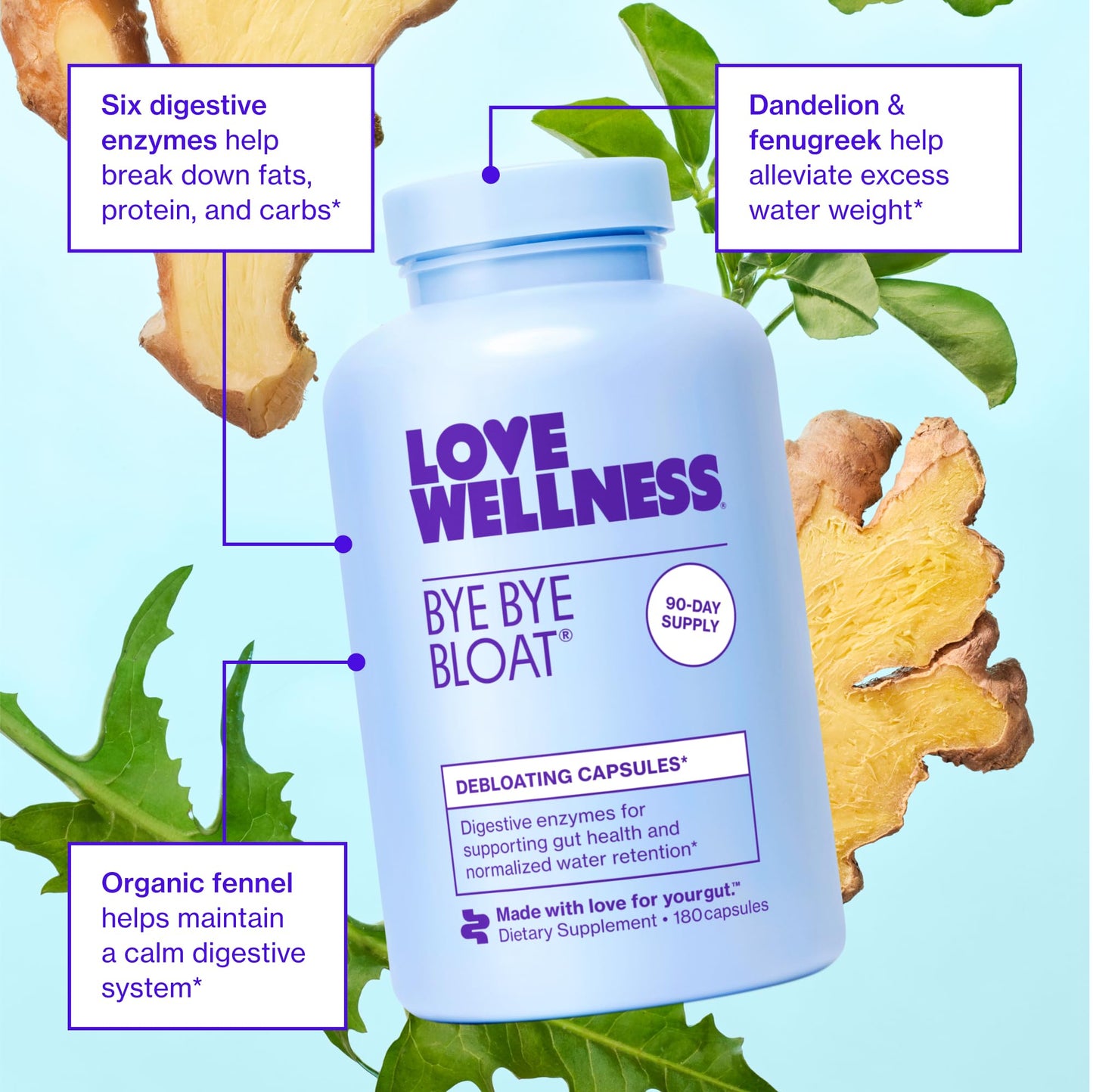 Love Wellness Bye Bye Bloat Digestive Enzymes Capsule 180 Count