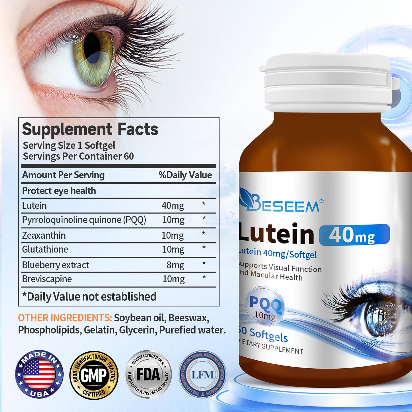 Beseem 6-in-1 Eye Supplement with Lutein 40mg, Zeaxanthin 10mg Capsules, 60 Count
