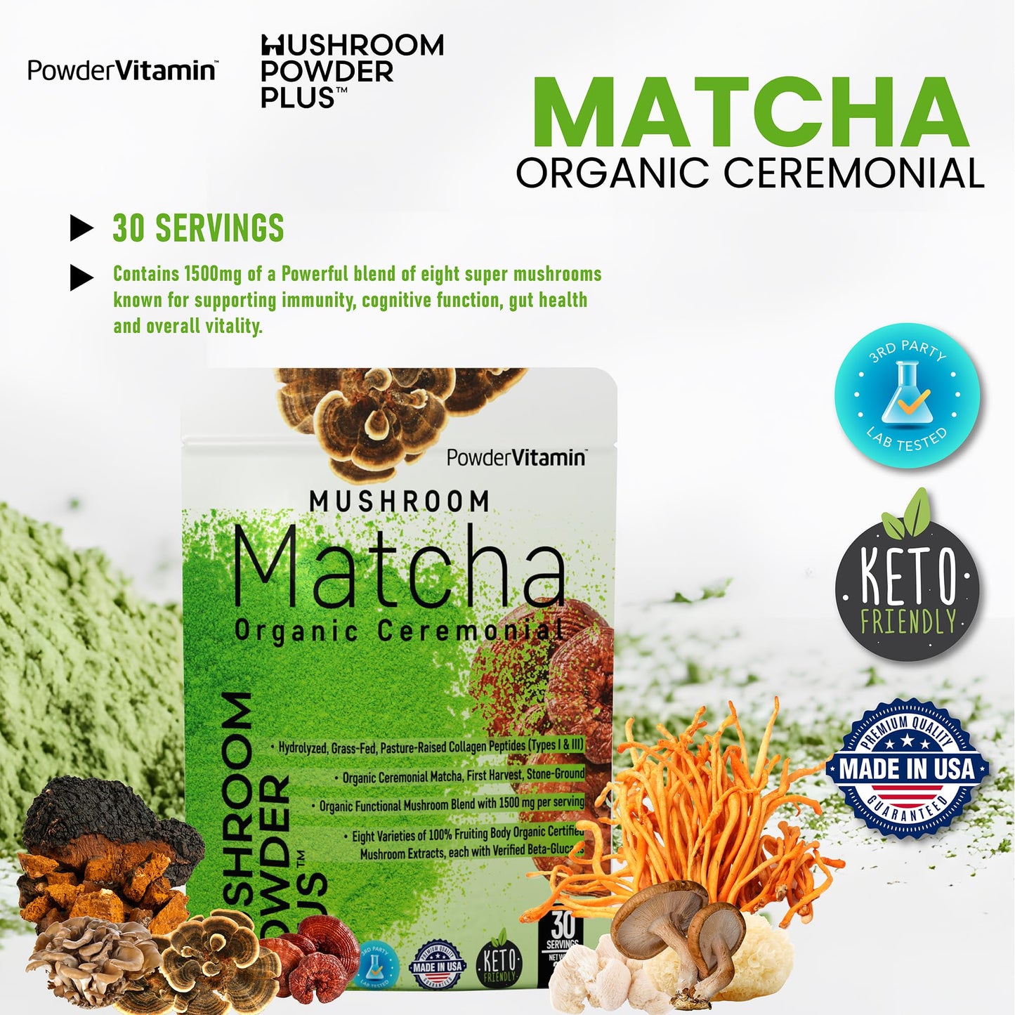 PowderVitamin Organic Ceremonial Mushroom Matcha Collagen Types I & III Powder 8.5 oz