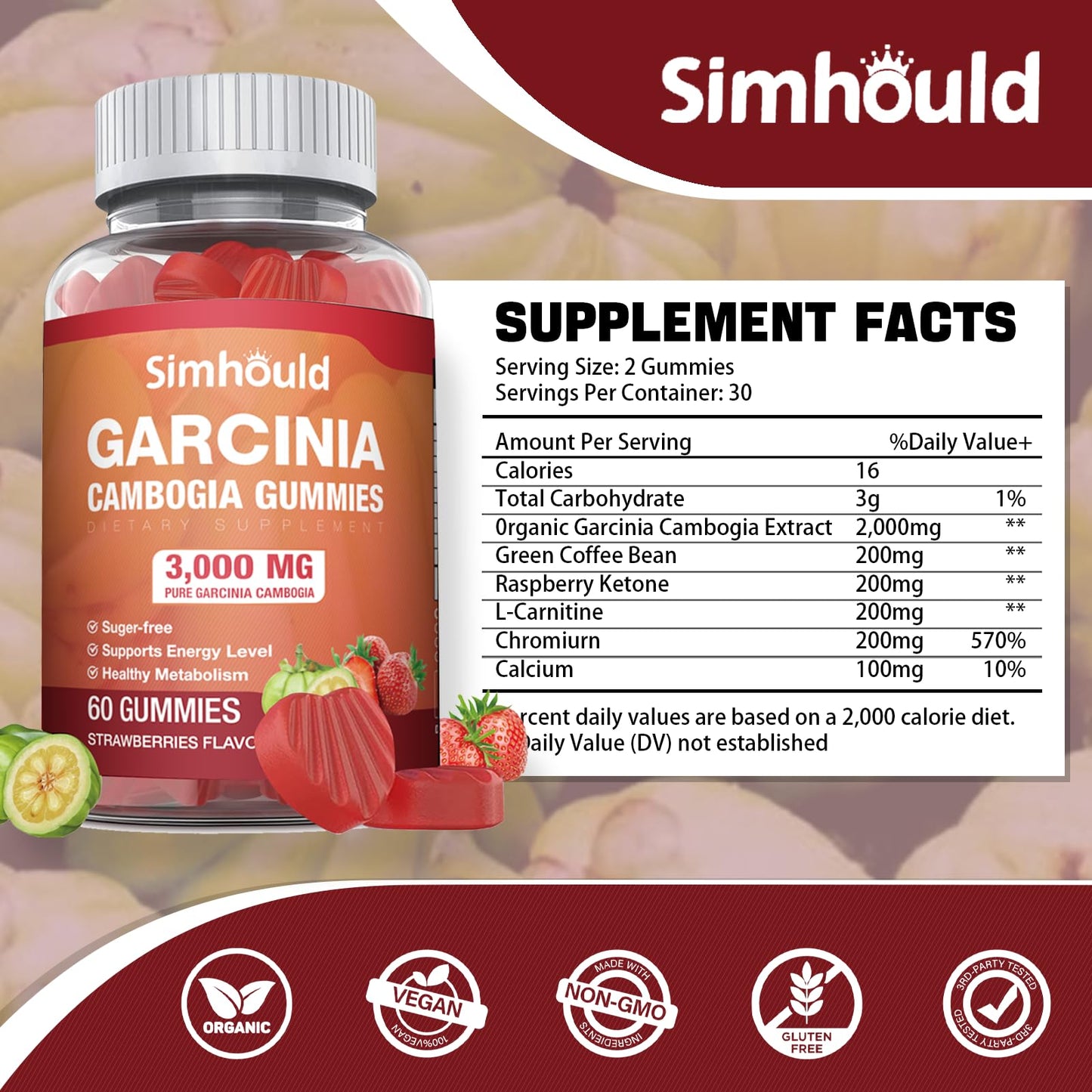 Simhould Garcinia Cambogia Gummies, 120 Count, Sugar Free, 3000mg 95% HCA with L-Carnitine, Strawberry Flavor