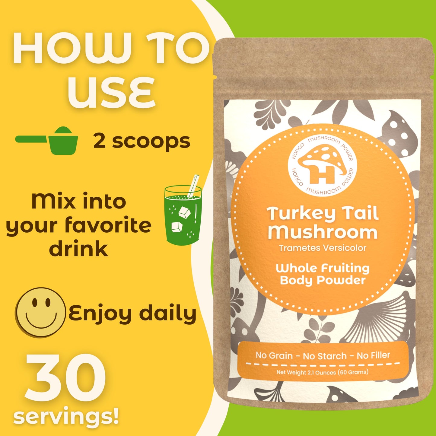 Hongo Tea Hongo Mushroom Power Turkey Tail Mushroom Powder, 2.12 oz