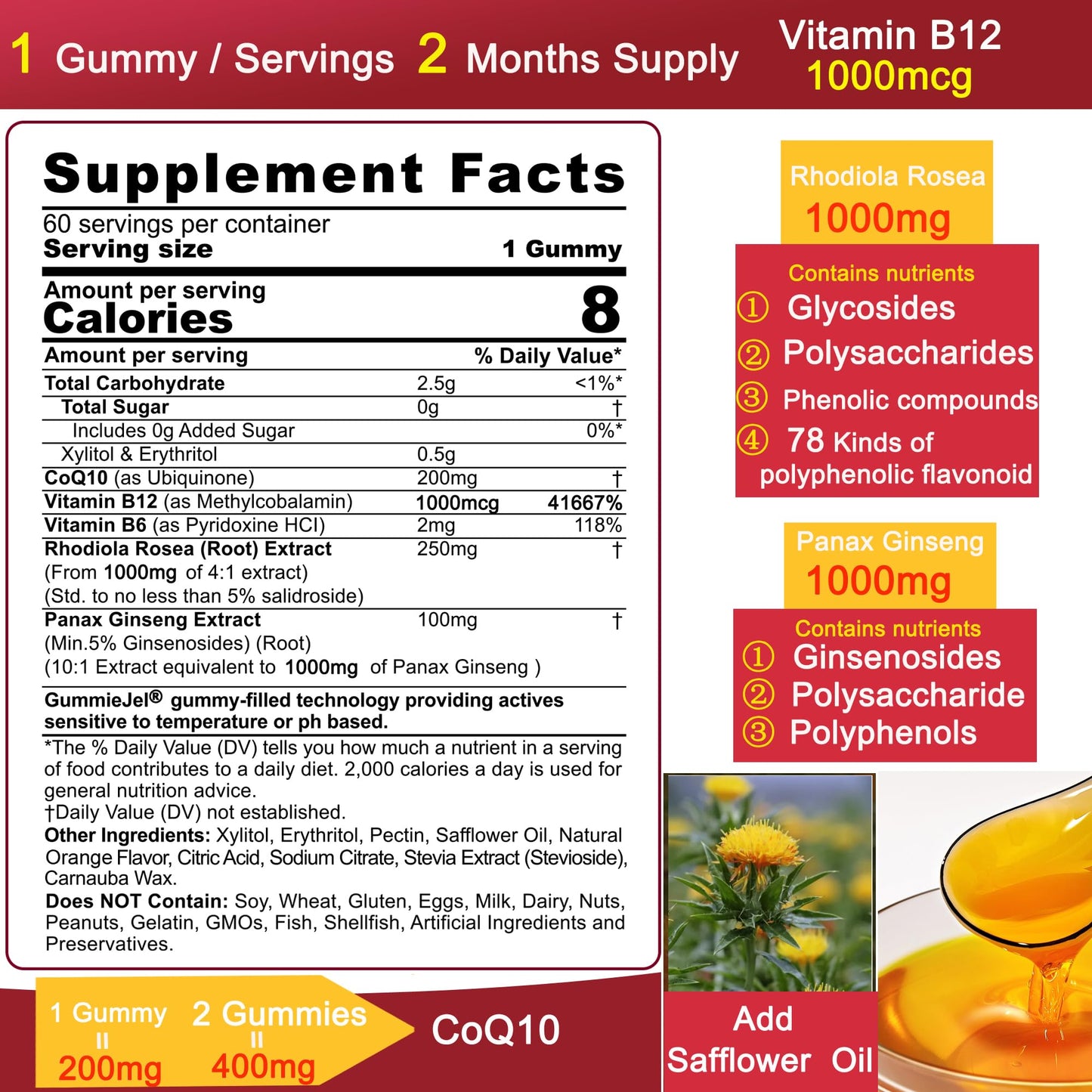 NEVISS Sugar Free CoQ10 200mg/400mg + Rhodiola Rosea Gummies, 60 Count