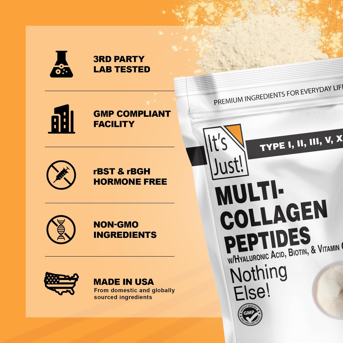 It's Just! Multi Collagen Peptides (Types I, II, III, V, X) with Vitamin C, Biotin, Hyaluronic Acid, Unflavored, No Added Flavor, Gluten Free, Non-GMO, Tested for Heavy Metals, Powder, 20 oz