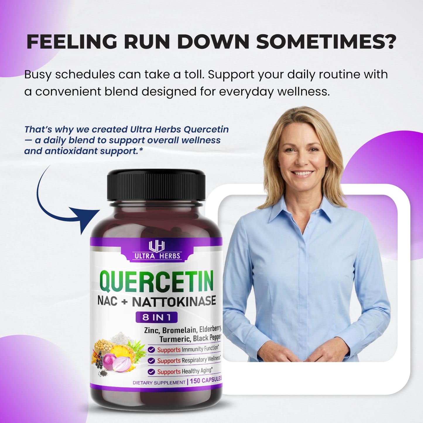 Ultra Herbs Quercetin Supplement with Bromelain, NAC & Nattokinase, 8-in-1 Formula with Zinc, Elderberry & Turmeric, Immune & Respiratory Wellness Support*, Capsules, 150 Count