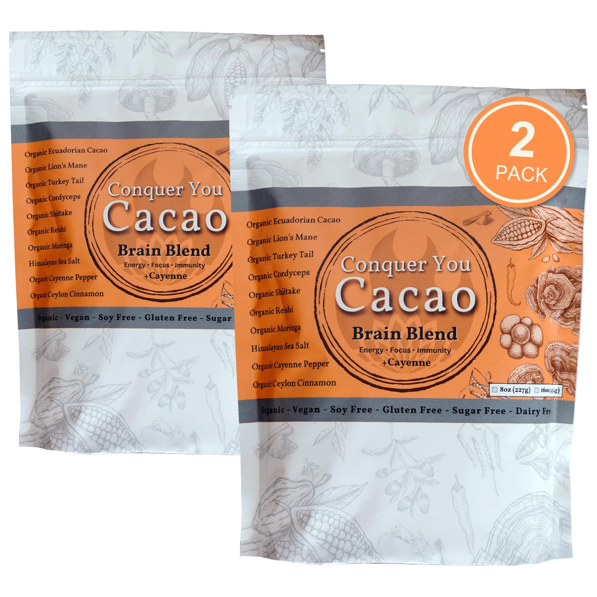 Conquer You Cacao Cayenne Organic Mushroom Hot Chocolate Drink Powder 16 oz Pack of 2