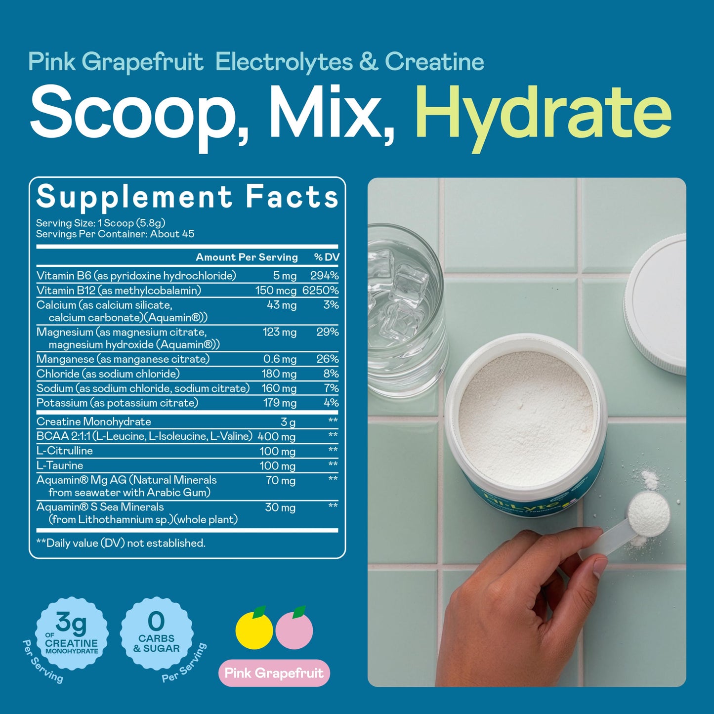 Hi-Lyte Creatine Electrolytes Powder Mix for Daily Hydration with Creatine Monohydrate for Muscle Boost, 45 Count, Pink Grapefruit