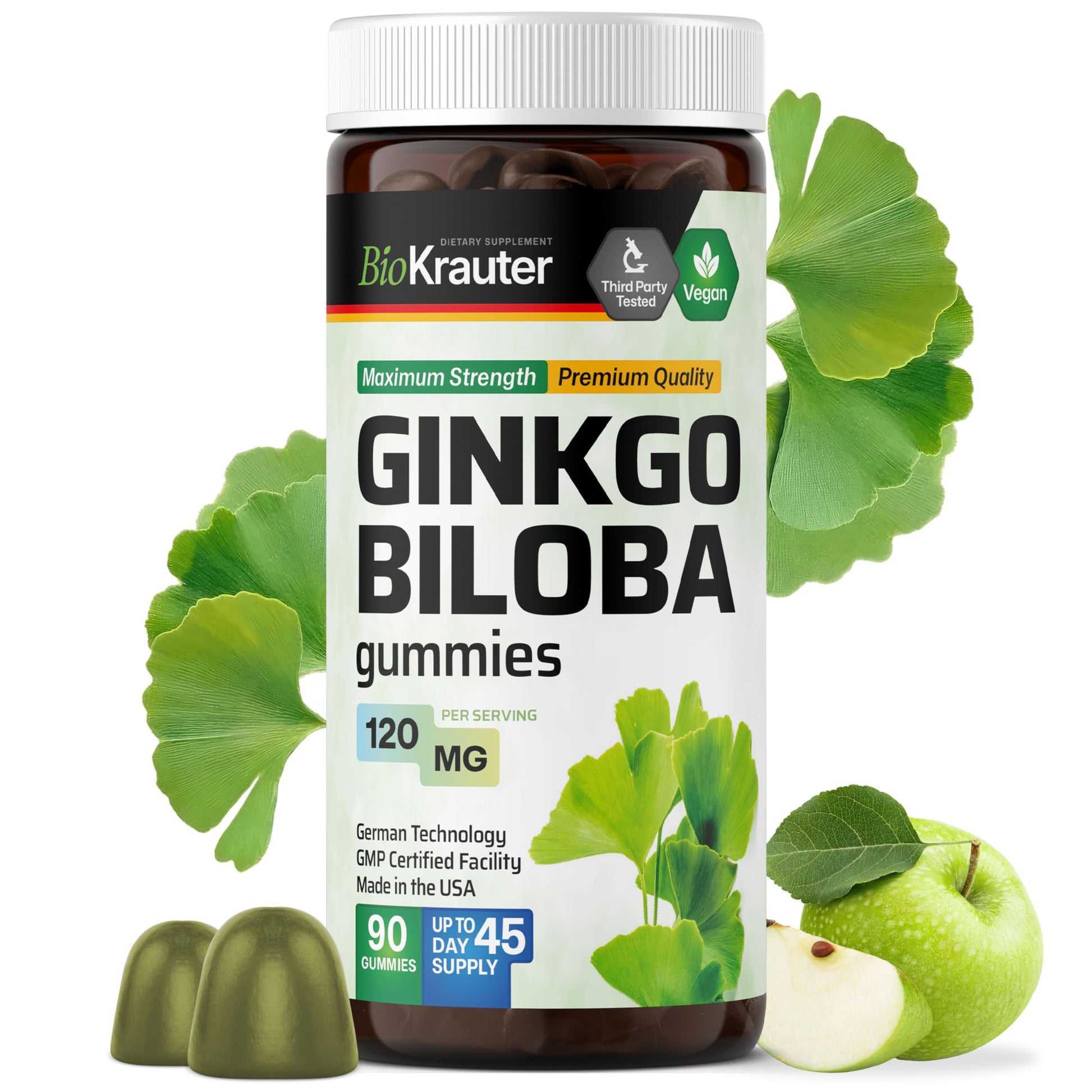 BIO KRAUTER Ginkgo Biloba Gummies for Brain Support, 90 Count