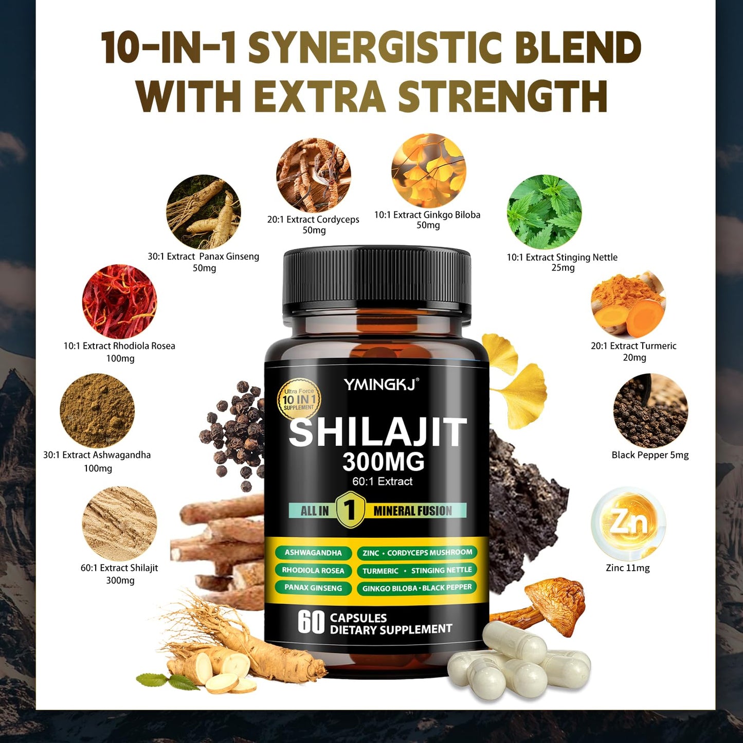 YMINGKJ Shilajit Capsules 10 in 1 Supplement with Ashwagandha, Rhodiola Rosea, Panax Ginseng, Cordyceps, Turmeric, Ginkgo, Fulvic Acid Trace Minerals Supplement for Men & Women, 120 Count