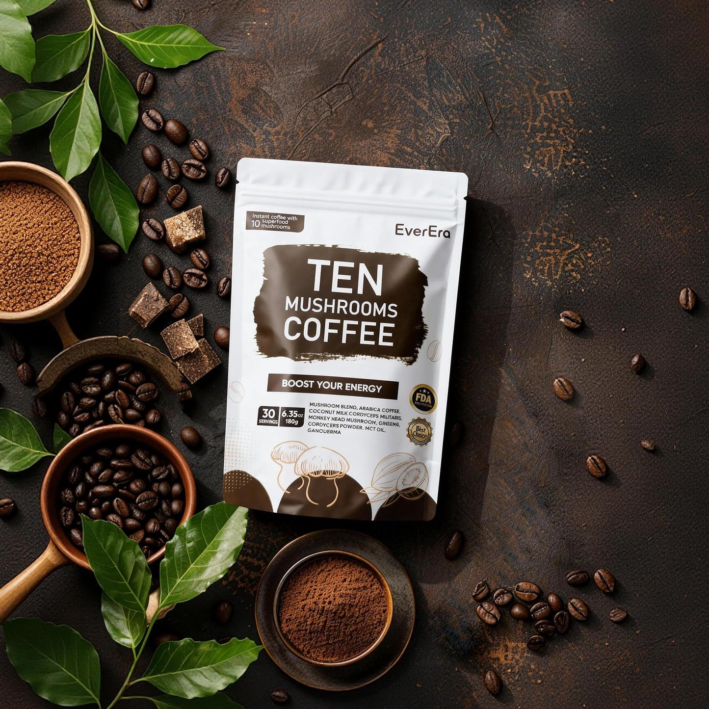 EverEra Organic Mushroom Coffee Powder, 6.35 Ounce, 30 Servings