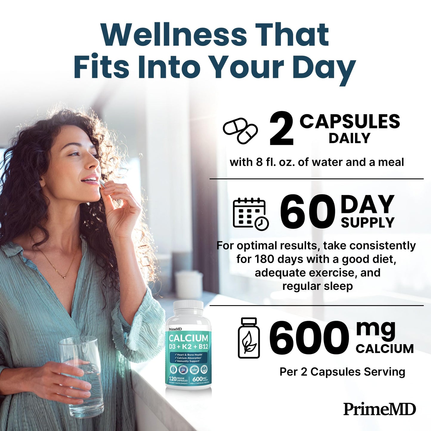PrimeMD 4-in-1 Calcium 1200mg, Vitamin D3 K2 5000IU, Vegan Non-GMO Capsules, 480 Count