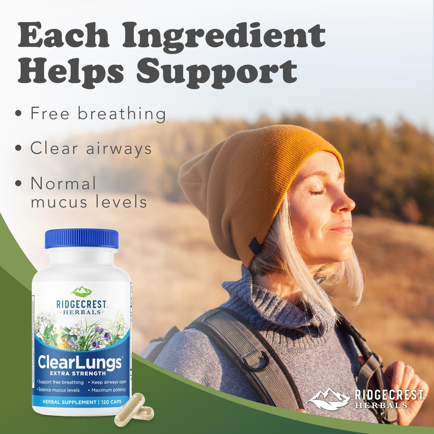 RidgeCrest Herbals ClearLungs Extra Strength Daily Health Supplement Natural Lung and Nasal Wellness Formula Capsules 120