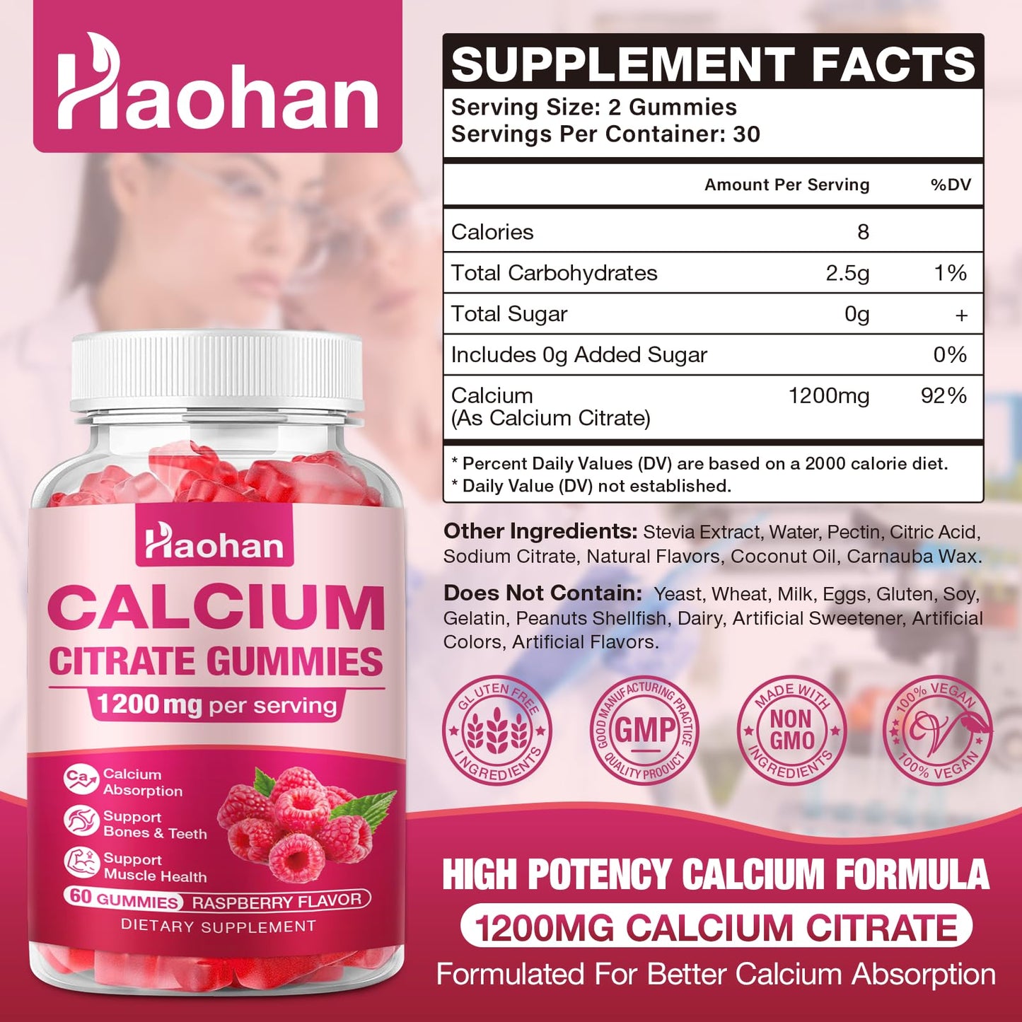 Haohan Calcium Citrate Gummies 1200mg - Sugar-Free Chewable Supplement for Women & Men with Bone, Muscle & Immune Support - Raspberry Flavor, 2-Pack