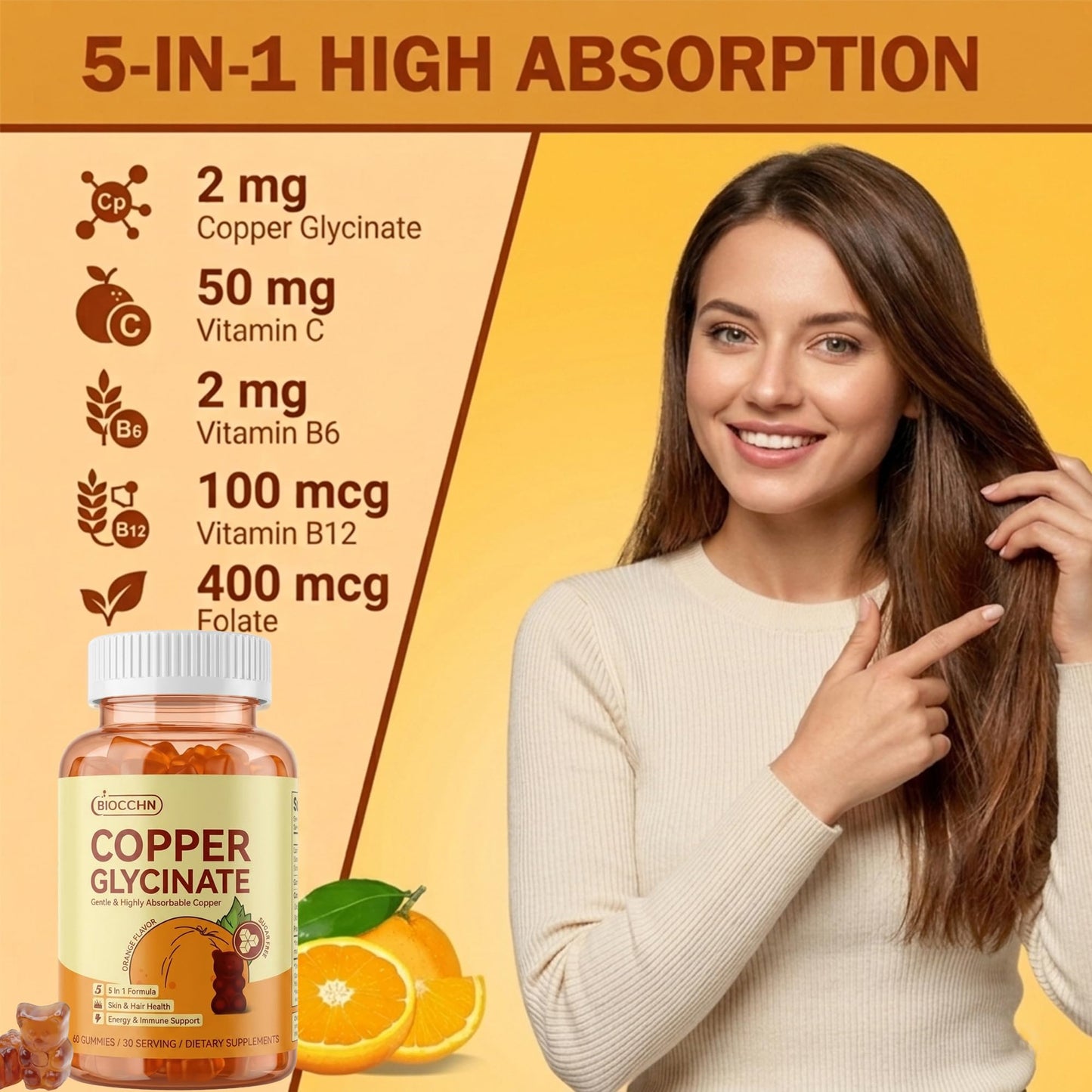 BIOCCHN Copper Glycinate Gummies for Skin & Hair Health, 2 mg Chelated Copper with Vitamin C, B6, B12 & Folate, Sugar-Free, Vegan, 60 Gummies
