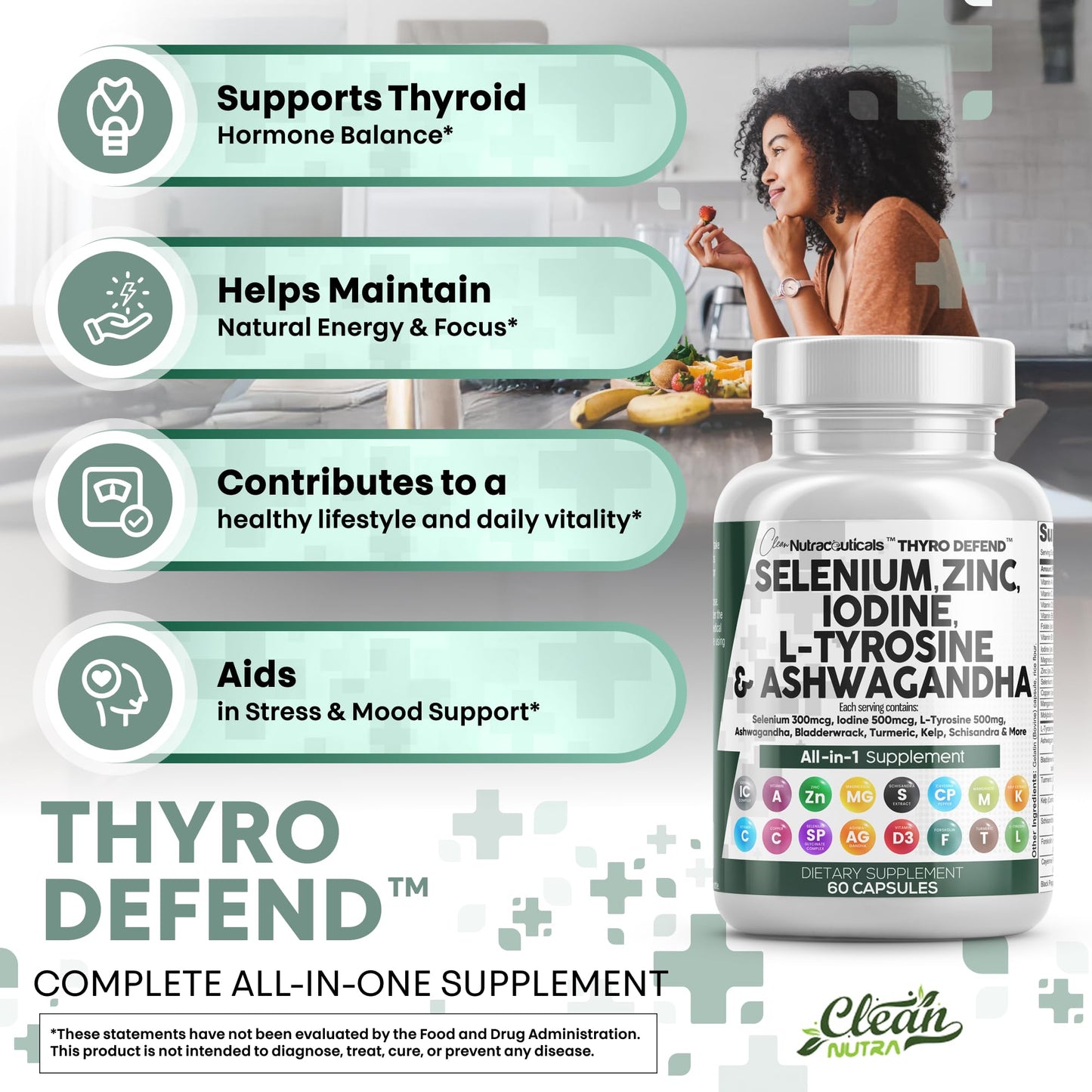 Clean Nutraceuticals Selenium 300mcg & Iodine 500mcg Thyroid Support Capsule, 120 Count
