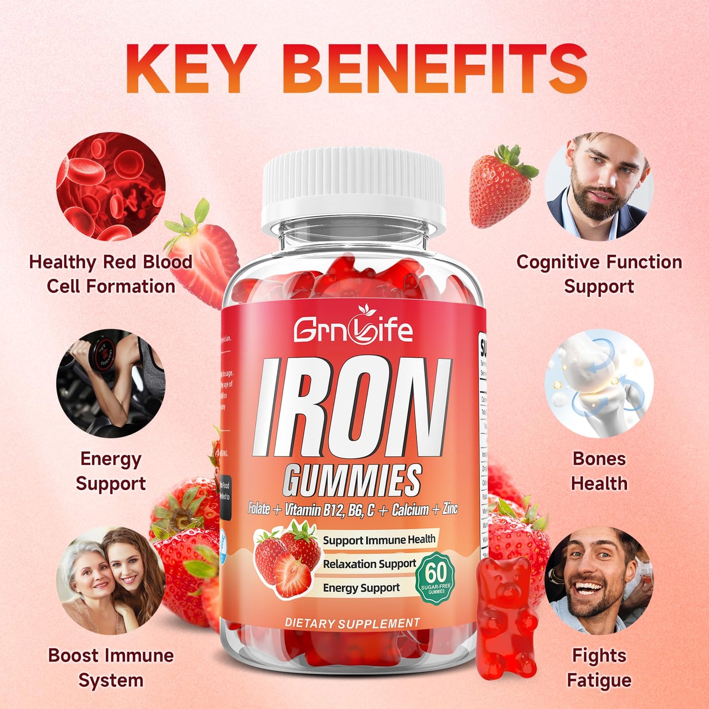 GrnLife Iron Gummies for Women, Men & Kids, 60 Count